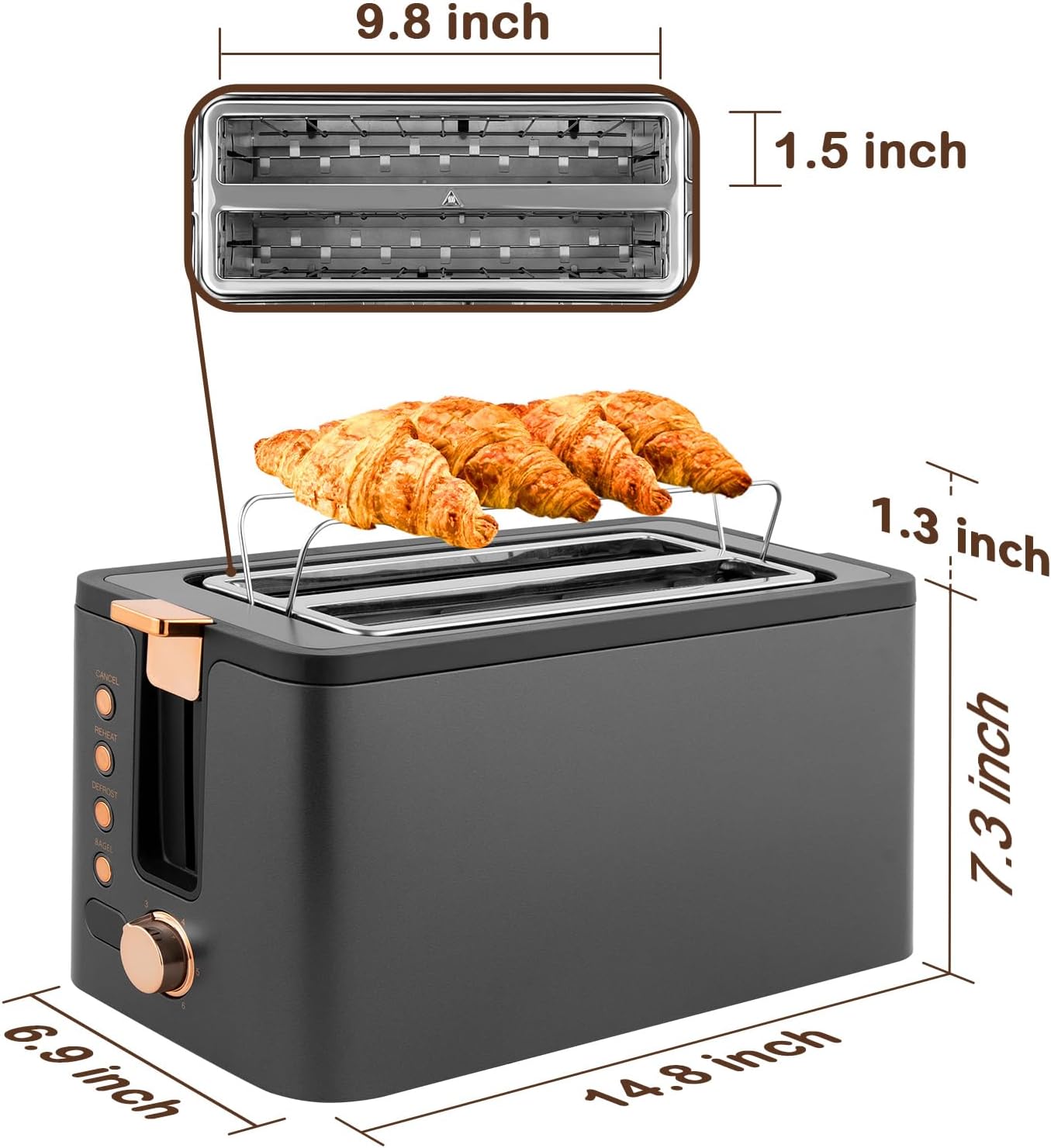 Mecity 4 Slice Toaster, Long Slot Toaster With Warming Rack, Timer, Bagel, Defrost, Reheat Functions, Crumb Tray, 6 Browning Settings, Extra Wide Long Slots, Stainless Steel, 1300W, Grey - Image 8
