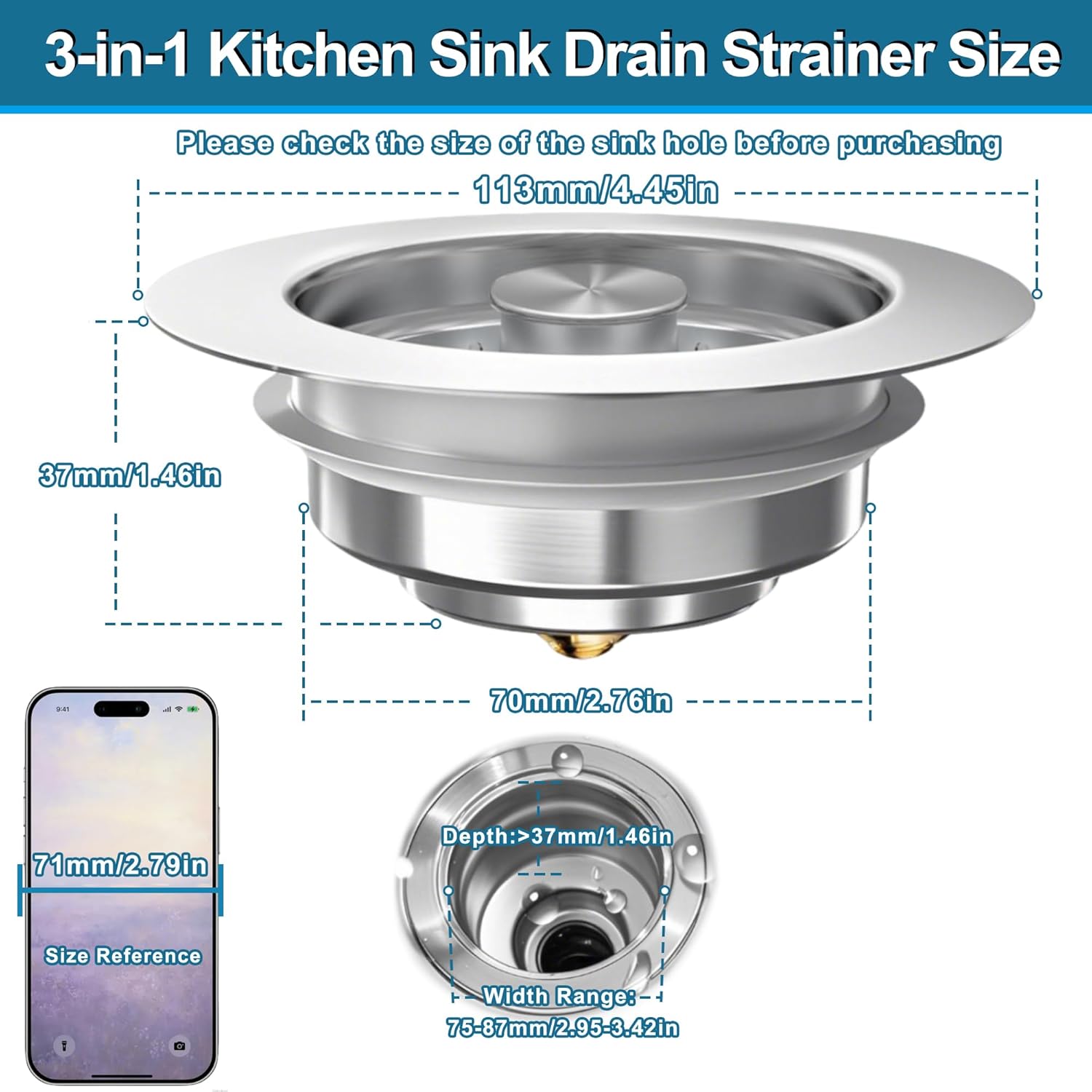 3-in-1 Kitchen Sink Drain Strainer Stopper, Upgraded Stainless Steel Sink Plug with Anti-Clog Filter Basket, Fits Standard 3-1/2 Inch Drain Hole, Pop Up Garbage Disposal Cover Food Catcher - Image 7