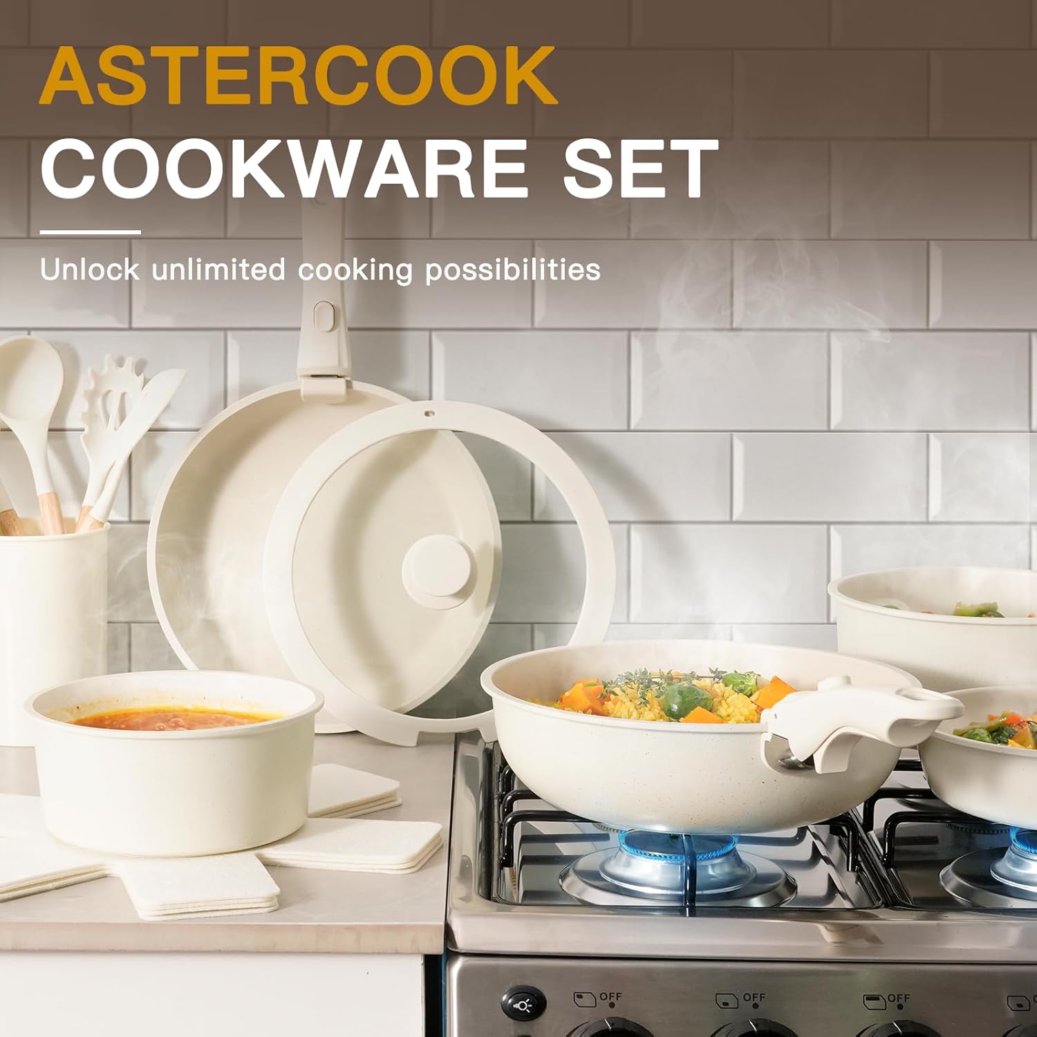 Astercook Ceramic Non-stick Cookware 21 Pcs Pots and Pans Set, Detachable Handle, RV Kitchen Non Stick Cooking Set Removable Handles, Oven Safe, Induction Ready, Stackable, Cream White - Image 5