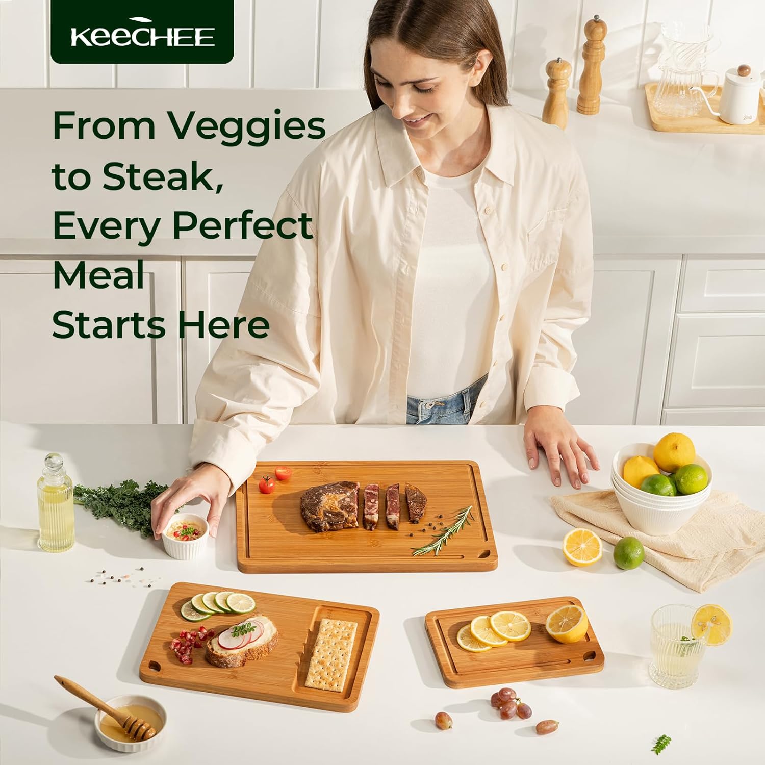 Bamboo Cutting Board, Durable Wood Cutting Boards for Kitchen with Deep Juice Grooves & Built-in Handles, Ideal Charcuterie & Chopping for Meat, Vegetables and Fruits Ideal Kitchen Gifts - Image 4