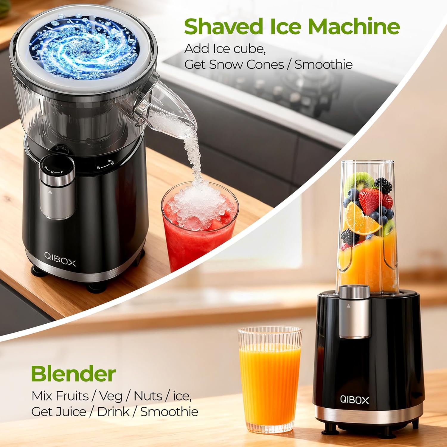 QIBOX Snow Cone Machine & Smoothie Blender 2 in 1, 700W Powerful Shaved Ice Machine Slushine Machine, Healthy Frozen Drink Maker with Stainless Steel Blade & Smoothie Recipe, for Home Kitchen Party - Image 3
