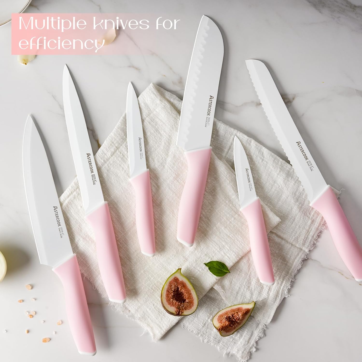 Astercook Knife Set, Kitchen Knives Set with Block and Sharpener Ceramic Coating 15 Pcs German Stainless Steel Knives Sharp Blade Dishwasher Safe Deba Knives with Ergonomic Handle, Crystal Pink - Image 4