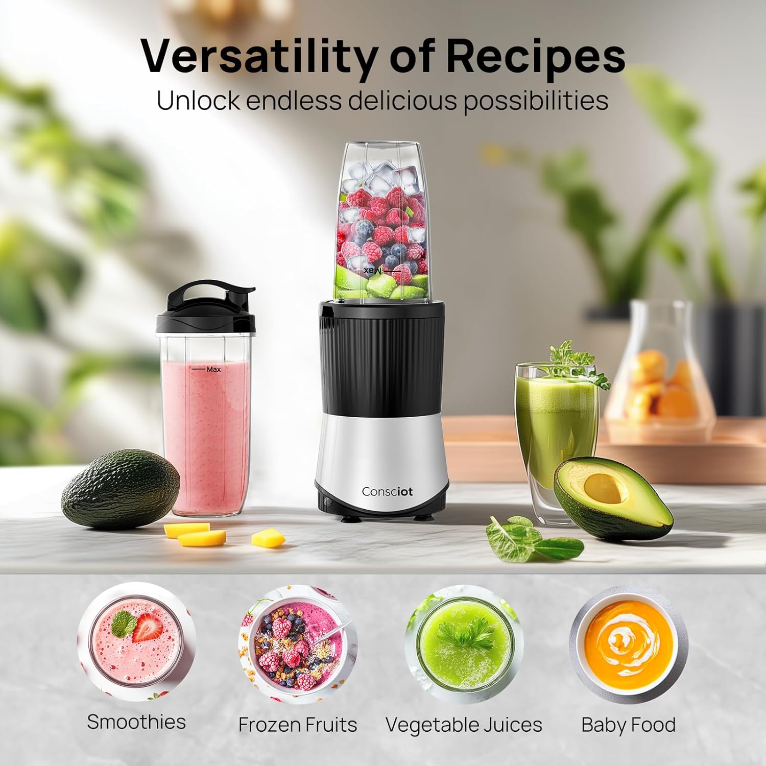 Consciot CB08 11-Piece Blender for Kitchen and Personal Size, Blend Shakes and Smoothies, Frozen Drinks, Baby Food, Spreads & More, 3 Portable To-Go Cups & 2 Spout Lids & 1 Solid Lid, 900 Peak Watts - Image 4