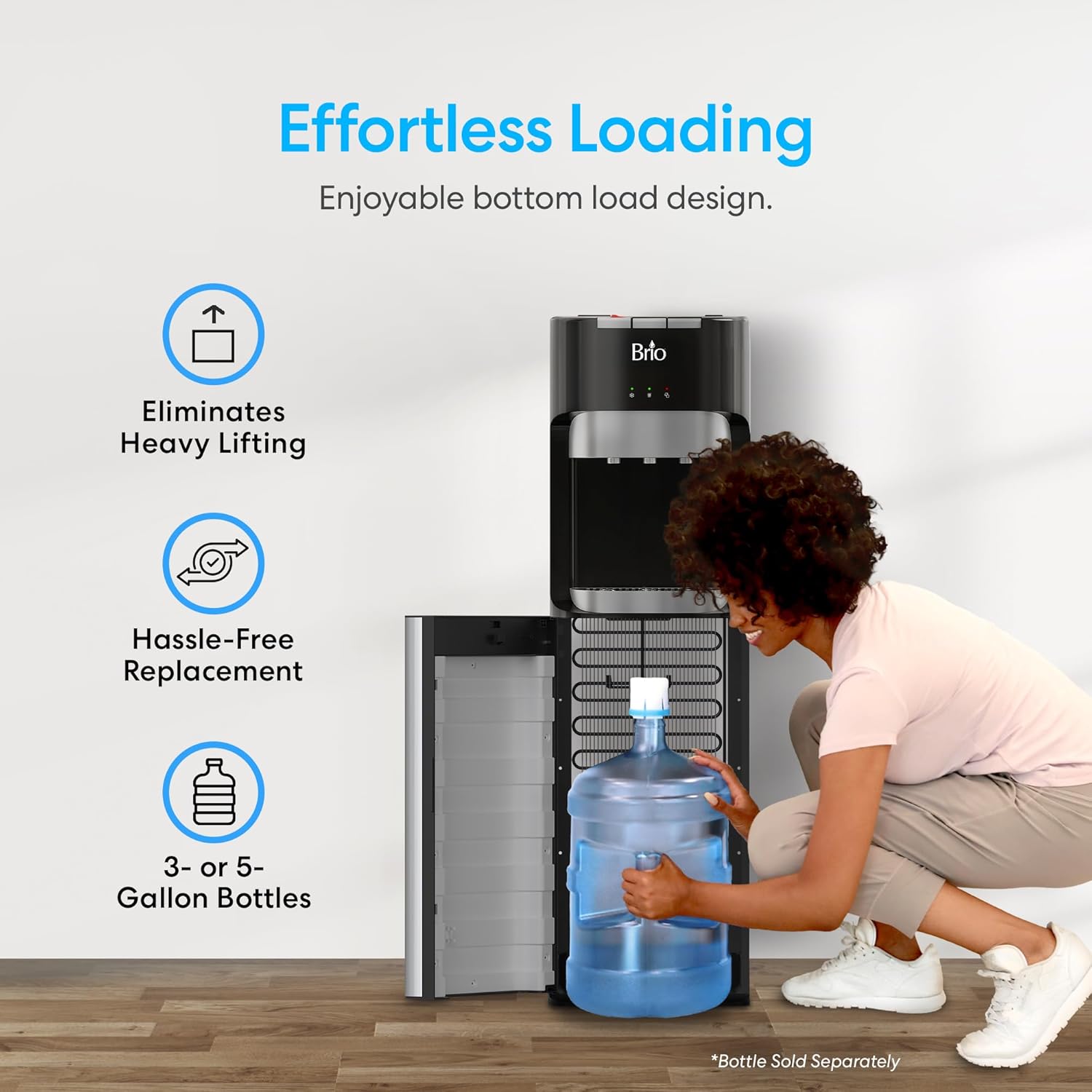 Brio Bottom Loading Water Cooler Dispenser for 5 Gallon Bottles - 3 Temperatures with Hot, Room & Cold Spouts, Child Safety Lock, LED Display with Empty Bottle Alert, Stainless Steel - Image 4
