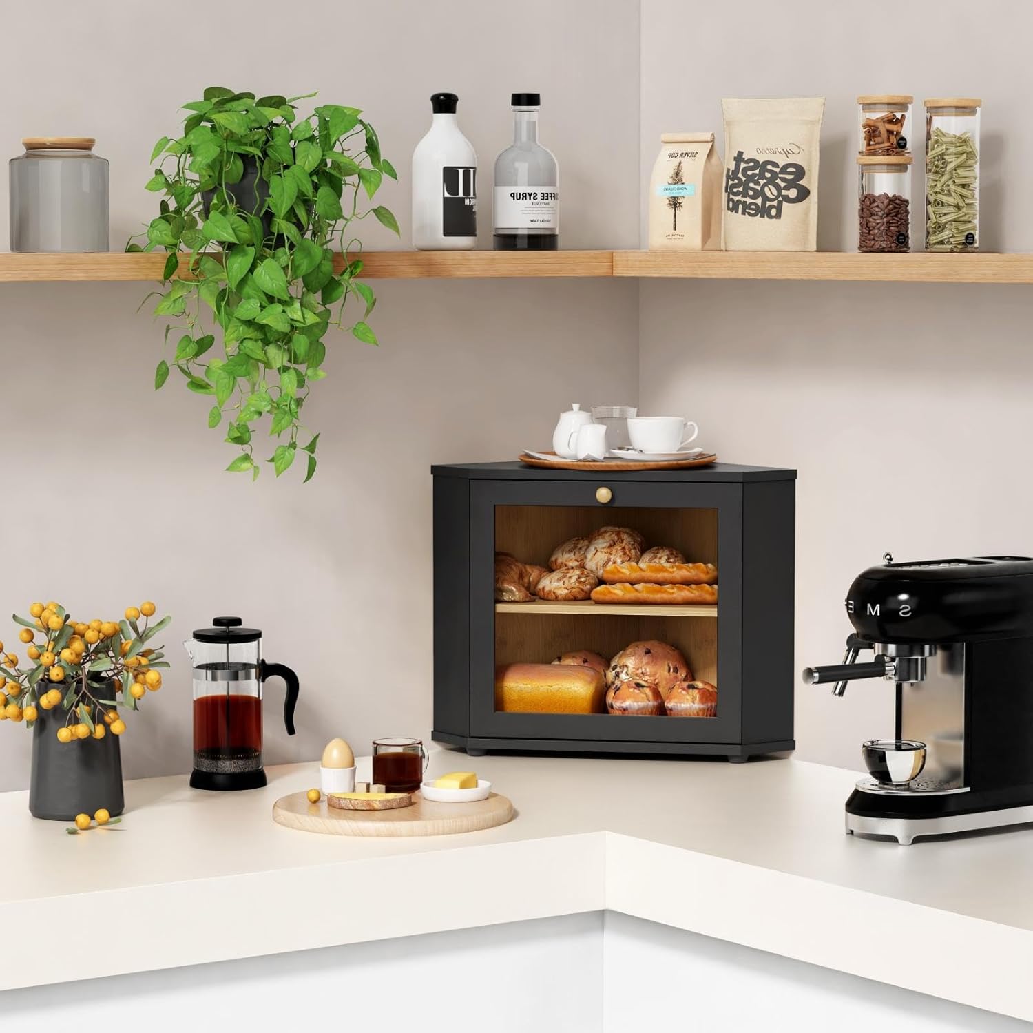 Corner Bread Box for Kitchen Countertop, Black Bread Storage Container for Homemade Bread, Two Layer Breadbox under Cabinet Mount, Large Bread Holder for Kitchen Counter, Pantry Shelf - Image 2