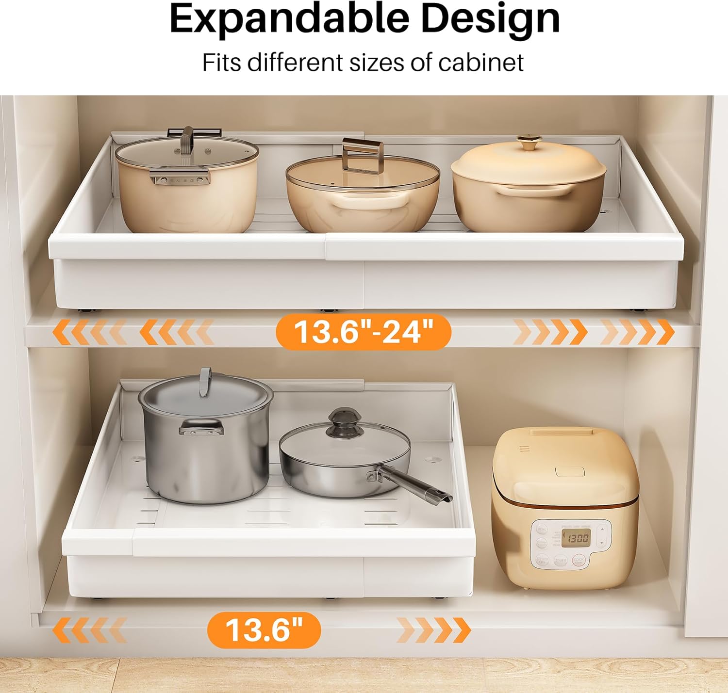 Pull out Cabinet Organizer, 2-Pack Expandable(13.6"-24") Silde out Drawers with Raising Pad for Framed Cabinets, Adjustable Full-Extension Adhesive Roll out Shelves for Kitchen Pantry Home Pot and Pan - Image 3
