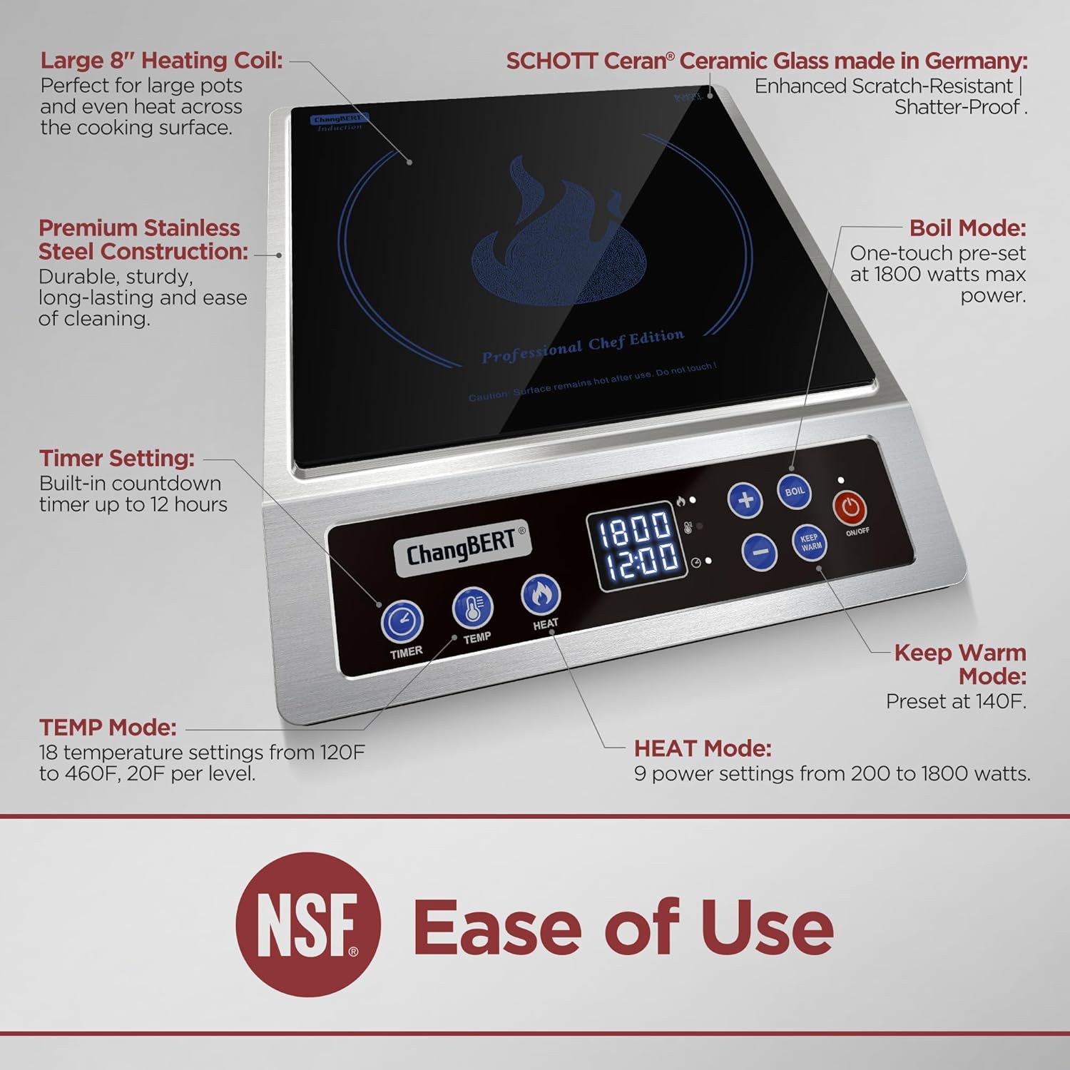 ChangBERT Induction Cooktop NSF Certified Professional Chef Edition Stove, 1800W Commericial Induction Burner with Schott Glass, Large Heating Coil Electric Hot Plate for Restaurant Hotel Food Station - Image 3