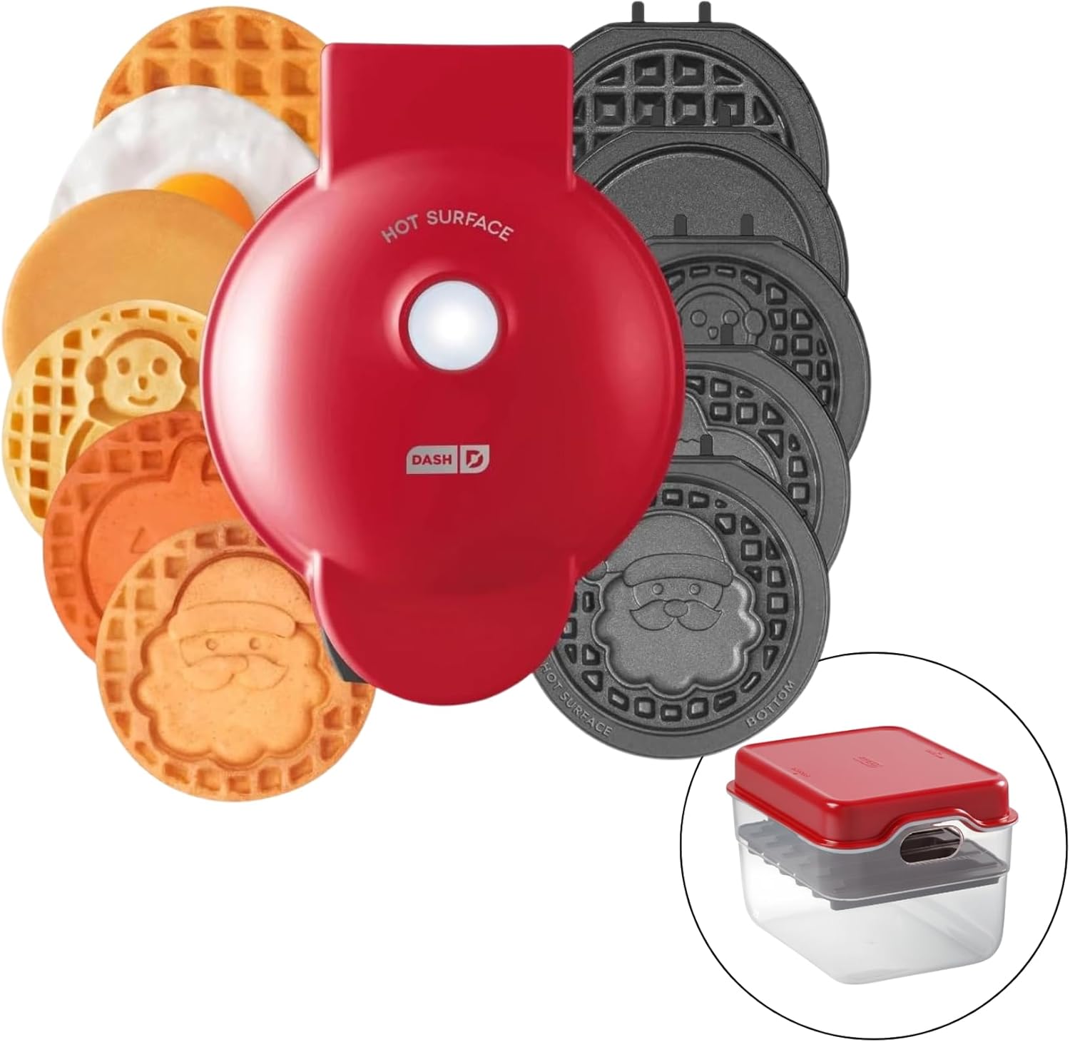 DASH Multimaker with 7 Removable Plates: Waffle Iron & Griddle + 3 Themed Plates - Santa Pumpkin Snowman - Mini Waffle for Halloween and Christmas Holidays - for Kids and Families (Red)