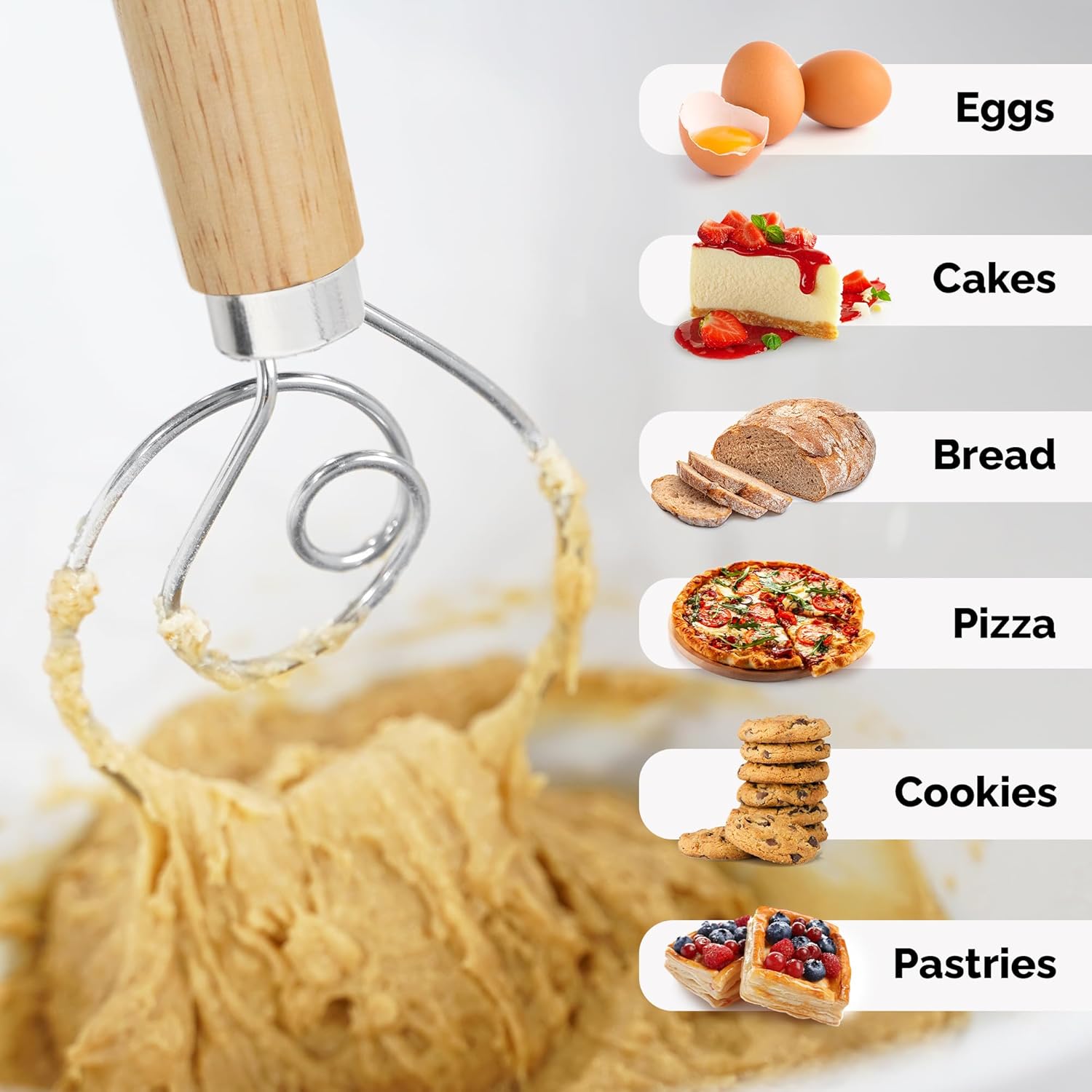 Zulay Kitchen 13-Inch Danish Dough Whisk - Wooden Danish Whisk for Dough with Stainless Steel Dough Hook - Traditional Dutch Whisk - Bread Whisk for Sourdough, Pizza, Pastry, Cake Batter - Image 6