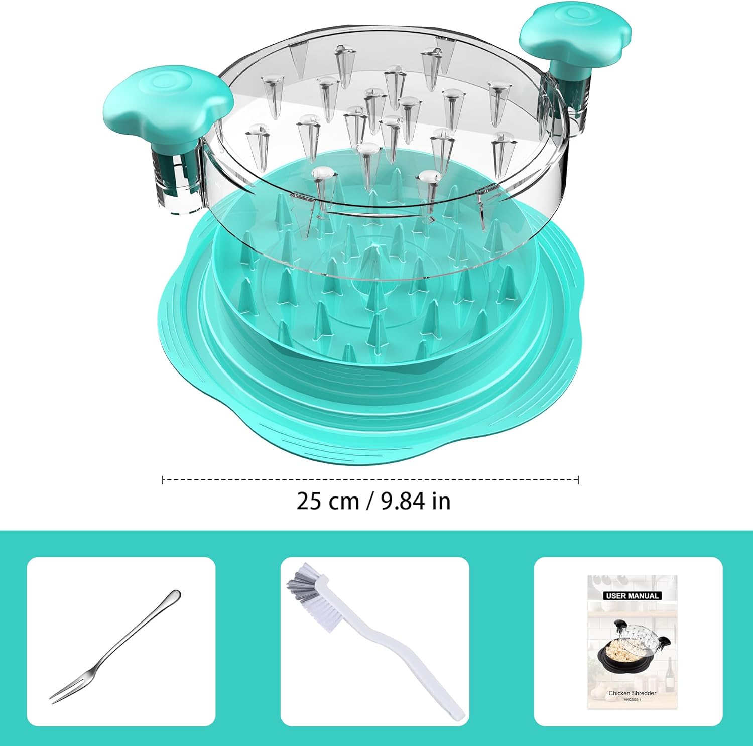 Chicken Shredder Large Chicken Breast Shredder Tool Twist with Brush&Fork, Visible Meat Shredder Machine, Anti-Slip Strip, Ergonomic Handle, BPA Free, Pork Beef Chicken(Mint Green) - Image 7