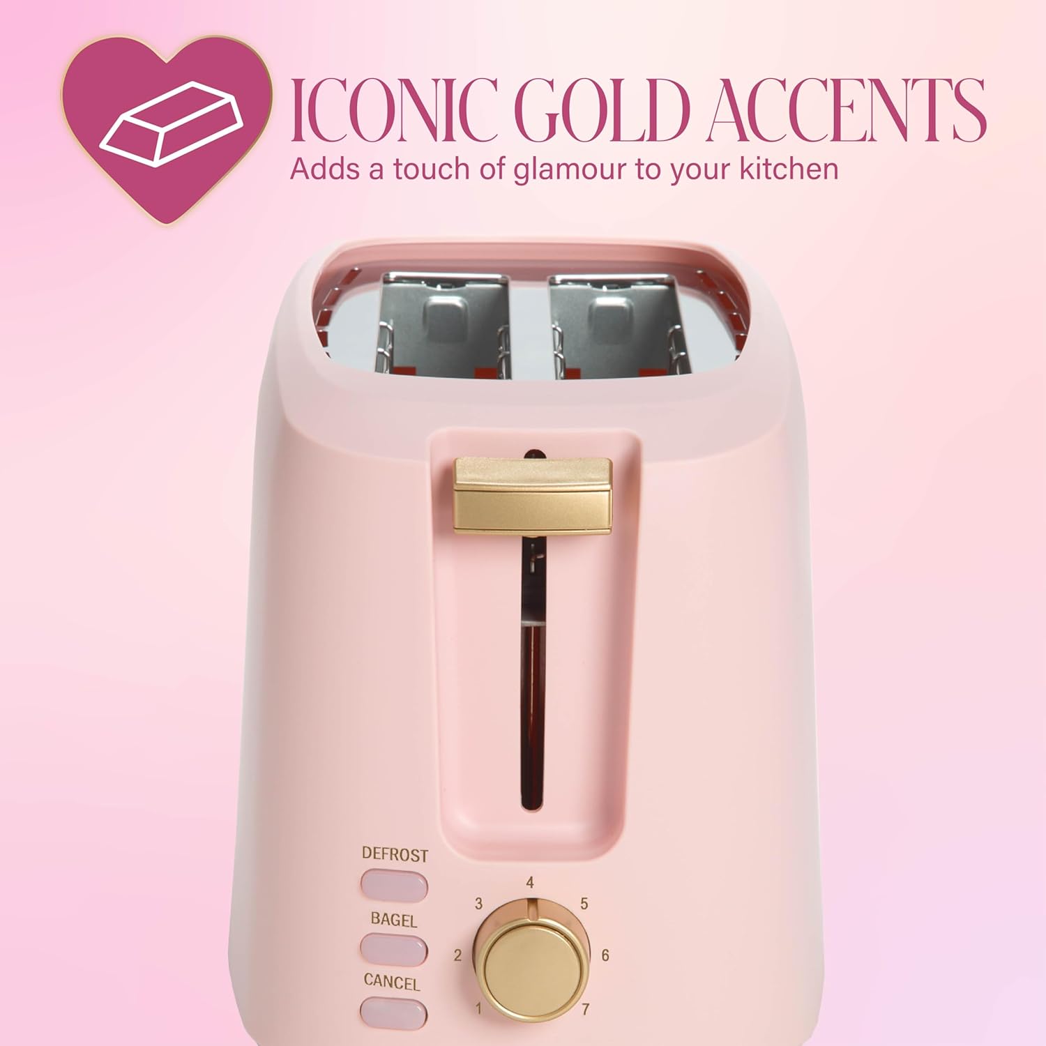 Paris Hilton 2-Slice Toaster, Extra-Wide Slots, 7 Browning Settings, Bagel & Defrost Functions, Removable Crumb Tray, Pink - Image 7