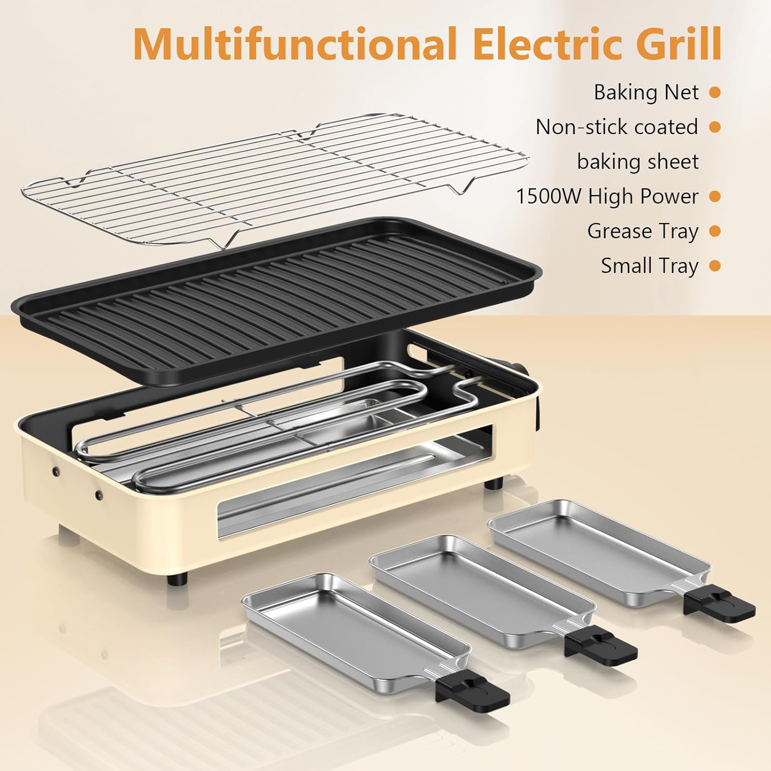 Electric Indoor Grill 1500W -2 in 1 Smokeless Indoor Grill for Kitchen with Non-stick Removable Grill & Griddle Plate,Temperature Control Korean BBQ Grill with 3 Cheese Pans Dishwasher Safe - Image 7