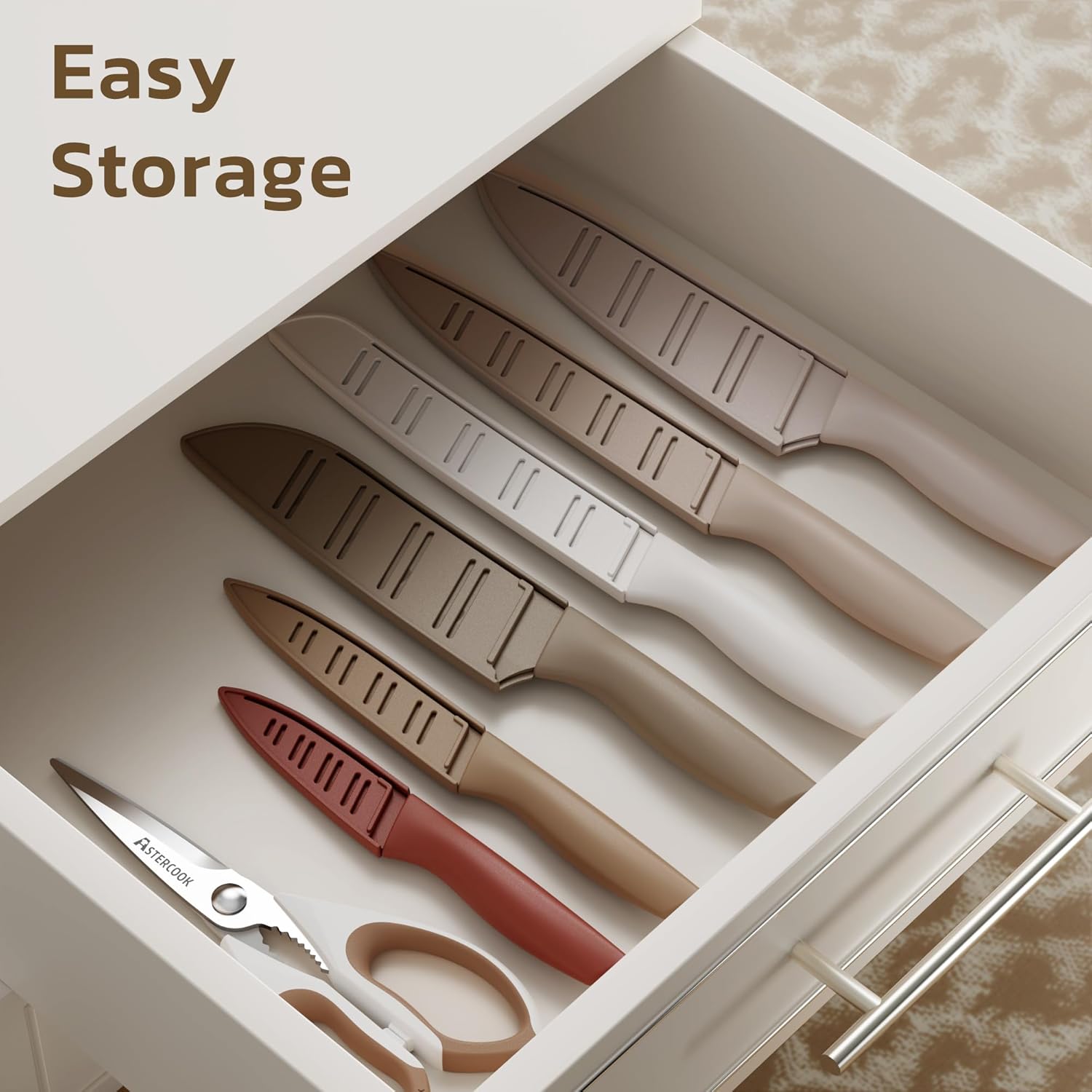 Astercook Knife Set, 13 Pieces Kitchen Knives Set with Healthy Anti-Rust Coating, Dishwasher Safe, Stainless Steel Chef Knife Sets with 6 Blade Guards, Perfect Valentine's Day Gifts for Kitchen - Image 6