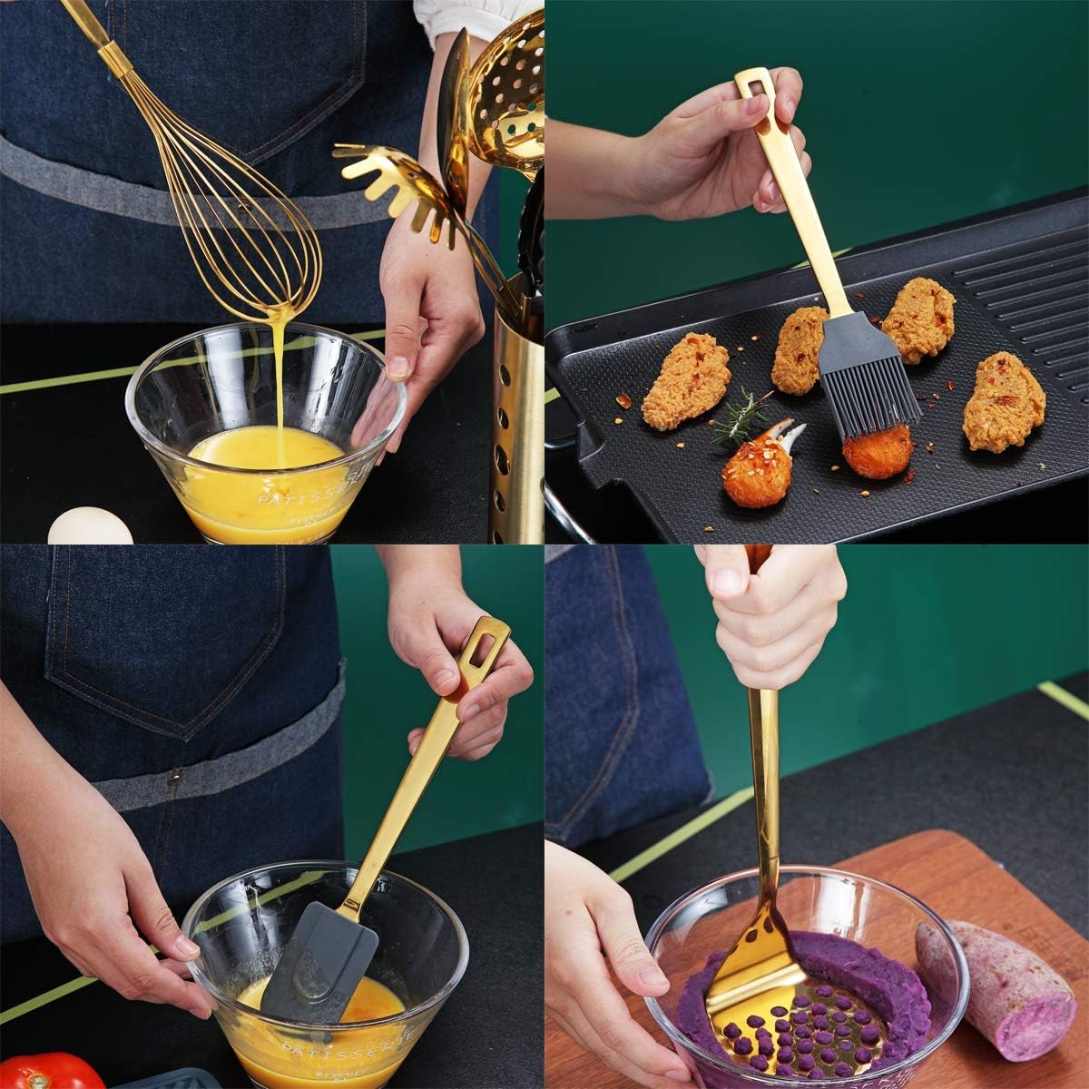 Gold Cooking Utensils Set, Berglander Stainless Steel 13 Pieces Kitchen Utensils Set With Titanium Gold Plating, Kitchen Tools Set With Utensil Holder, Dishwasher Safe, Easy to Clean - Image 3