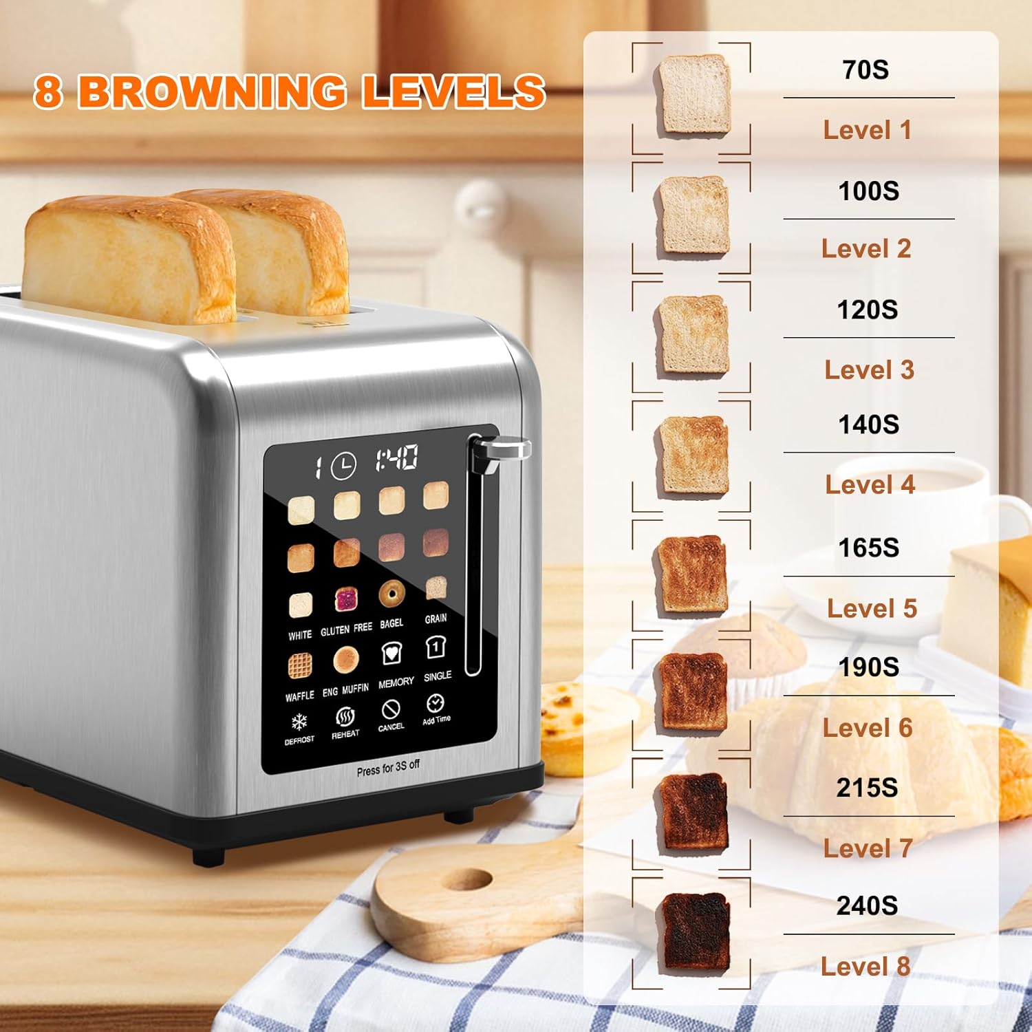 2 Slice Toaster Touch Screen, Stainless Steel Toasters Digital Timer 2 Slot Toasters, 8 Shade Settings 6 Bread Types for Bagel, Cancel, Defrost(Stainless Steel) - Image 2
