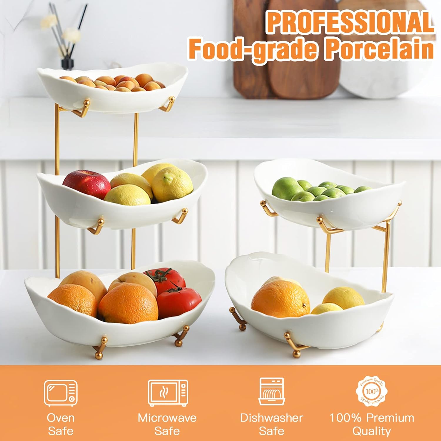 Ceramic Fruit Bowl for Kitchen Counter - 3 Tier Fruit Basket with Metal Stand, Tiered Fruit Stand for Countertop, Snack, Nuts, Cake, Dessert, Cute (Gold, Small) - Image 2