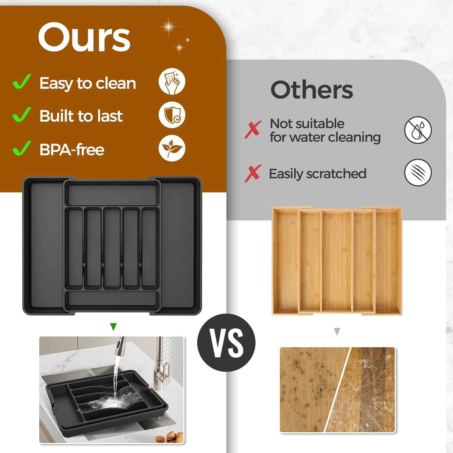 Extra Large Expandable Silverware Organizer, BPA-Free Food-Safe Cutlery Flatware Organizer, Kitchen Utensil Drawer Organizer, Adjustable Silverware Holder for Spoons Forks Knives, Black - Image 7