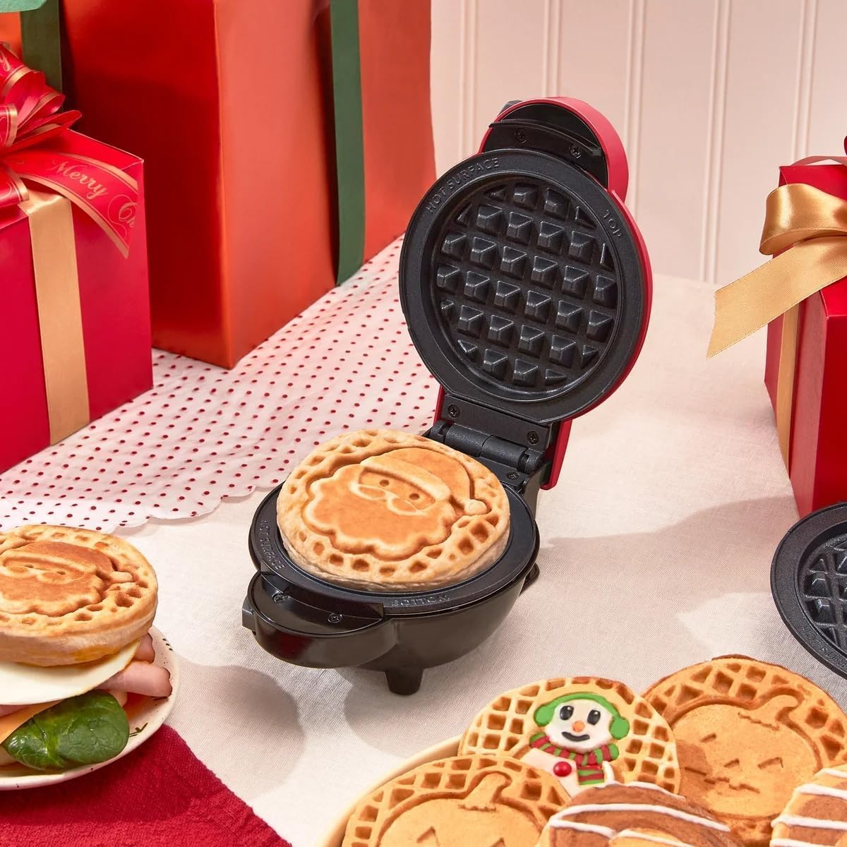 DASH Multimaker with 7 Removable Plates: Waffle Iron & Griddle + 3 Themed Plates - Santa Pumpkin Snowman - Mini Waffle for Halloween and Christmas Holidays - for Kids and Families (Red) - Image 2