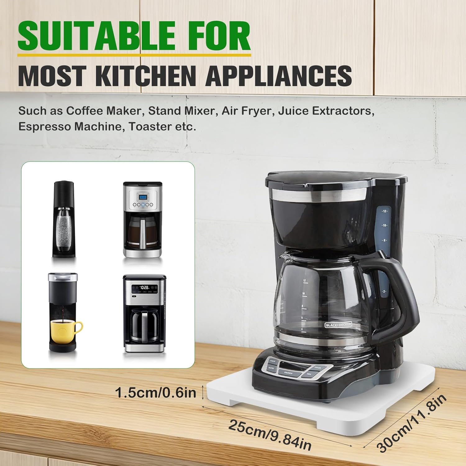 Appliance Slider 360° Rolling Tray for Coffee Maker- Bamboo Coffee Pot Slider Tray Countertop Rotation Sliding Tray with Wheels, Small Appliances Mat White (small 11.8" × 9.8" × 0.6") - Image 2