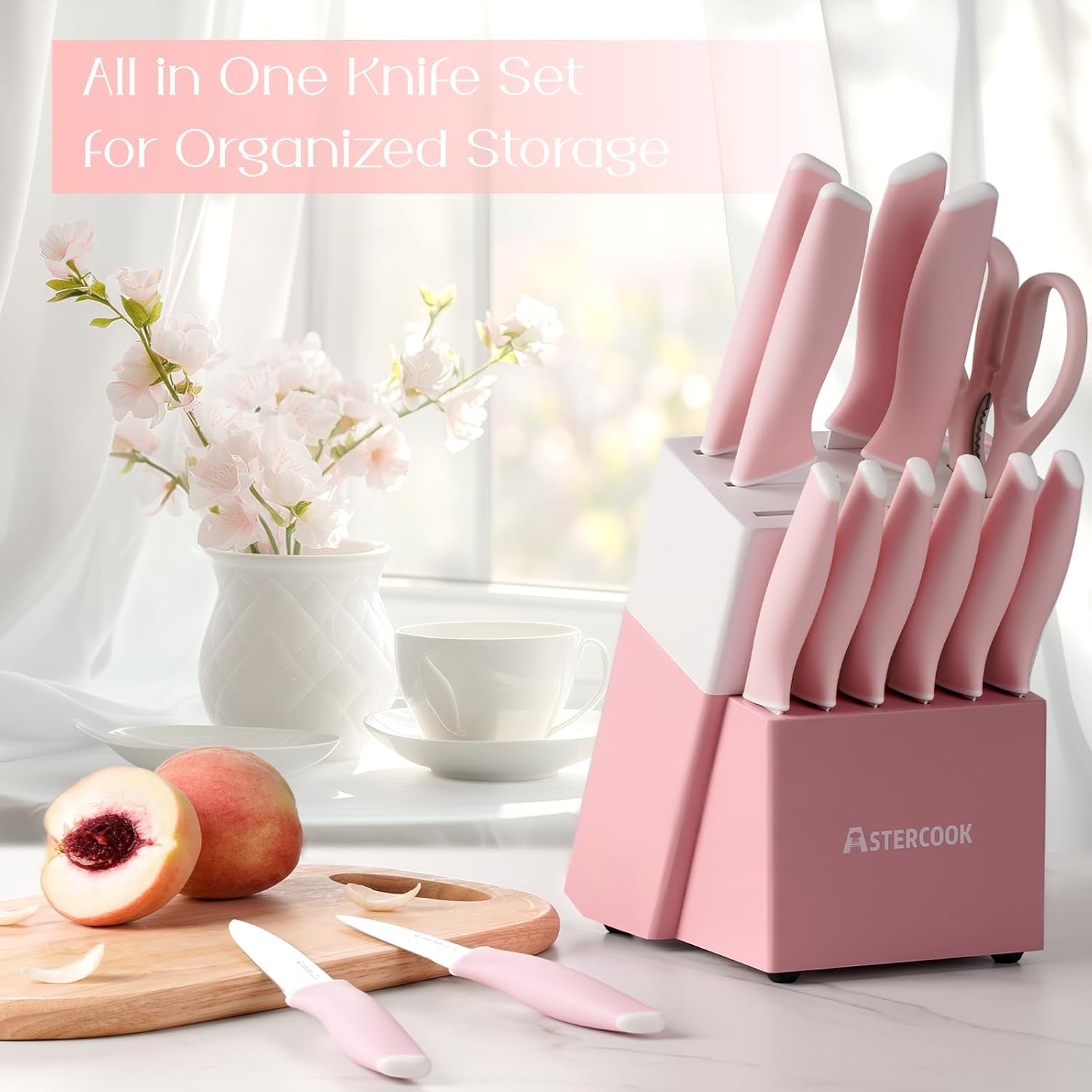 Astercook Knife Set, Kitchen Knives Set with Block and Sharpener Ceramic Coating 15 Pcs German Stainless Steel Knives Sharp Blade Dishwasher Safe Deba Knives with Ergonomic Handle, Crystal Pink - Image 8