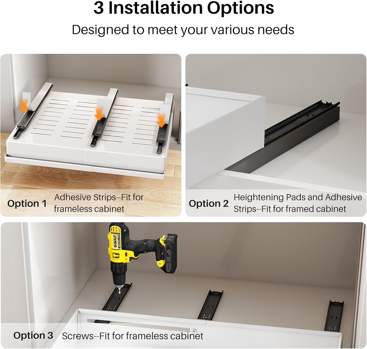 Pull out Cabinet Organizer, 2-Pack Expandable(13.6"-24") Silde out Drawers with Raising Pad for Framed Cabinets, Adjustable Full-Extension Adhesive Roll out Shelves for Kitchen Pantry Home Pot and Pan - Image 7