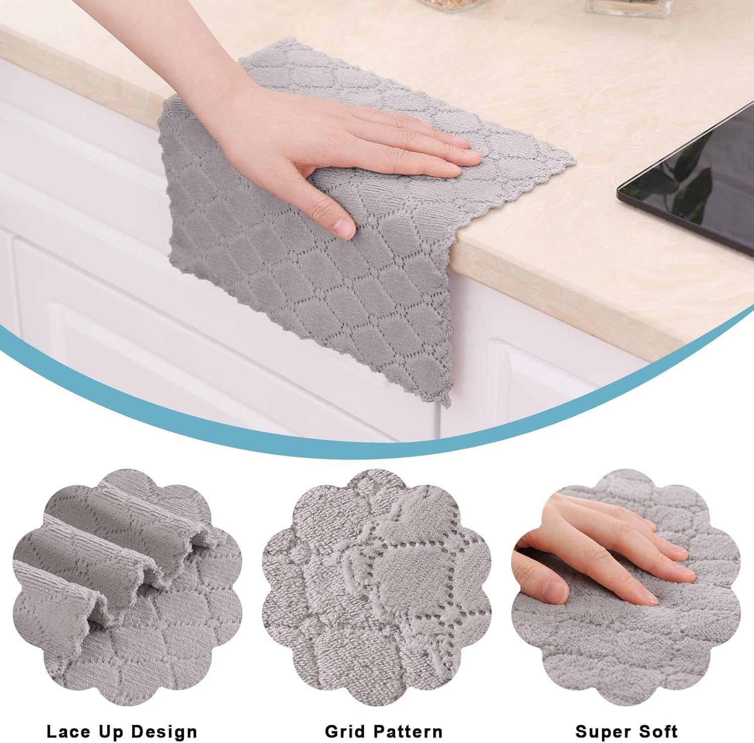 Homaxy 12 Pack Kitchen Dish Cloths (10 x 10 Inches, Grey), Super Soft and Absorbent Coral Velvet Dish Towels, Nonstick Oil Fast Drying Microfiber Cleaning Cloth, No Lint Household Dishcloths - Image 2