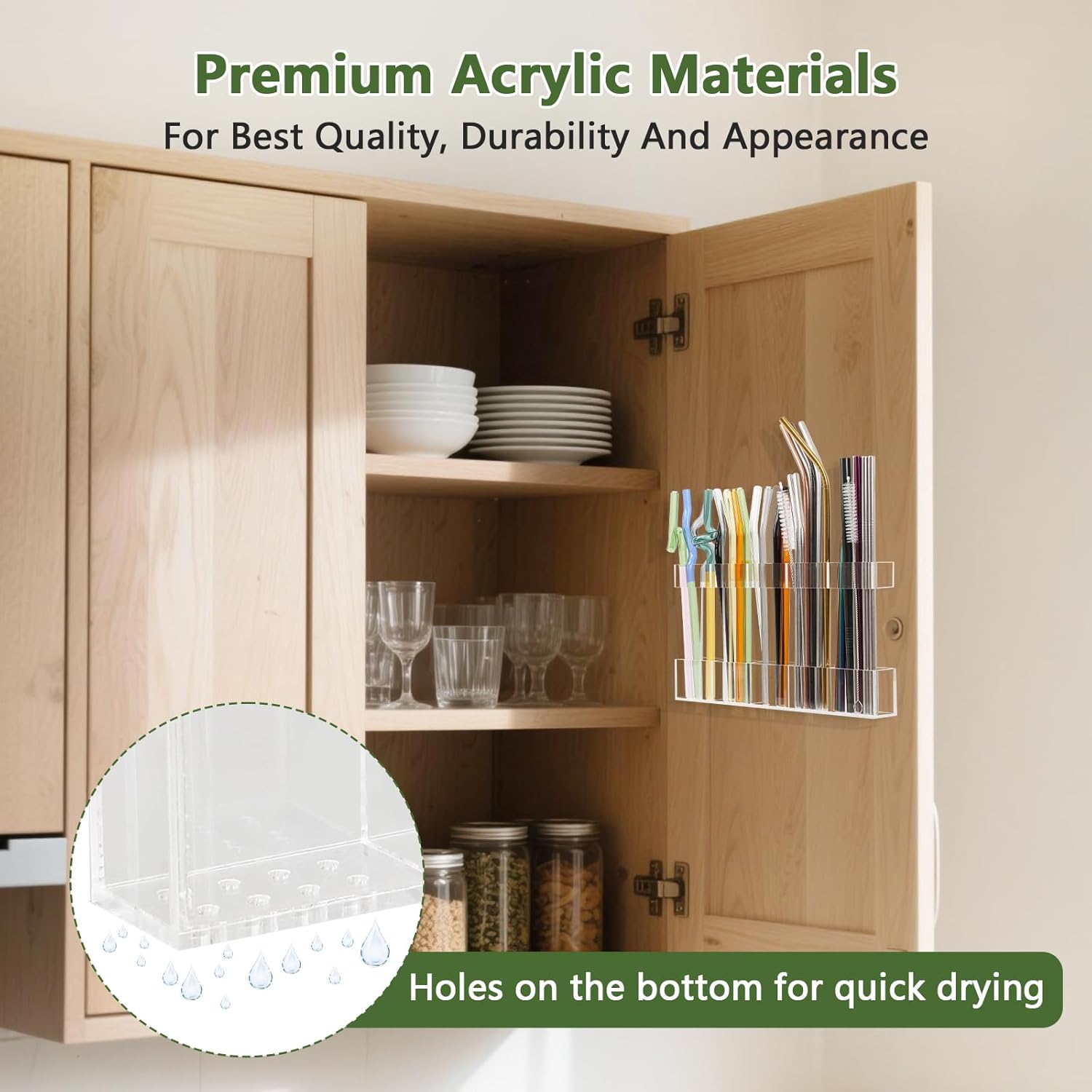 9.5” Large Acrylic Straw Holder for Cabinet Door - Reusable Tumbler Straw Organizer Storage, Small Kitchen Accessories Container, Ultra Sticky Cupboard Door Mounted (Transparent) - Image 2