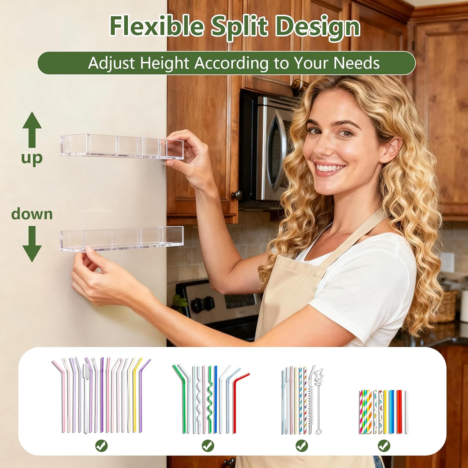 9.5” Large Acrylic Straw Holder for Cabinet Door - Reusable Tumbler Straw Organizer Storage, Small Kitchen Accessories Container, Ultra Sticky Cupboard Door Mounted (Transparent) - Image 7