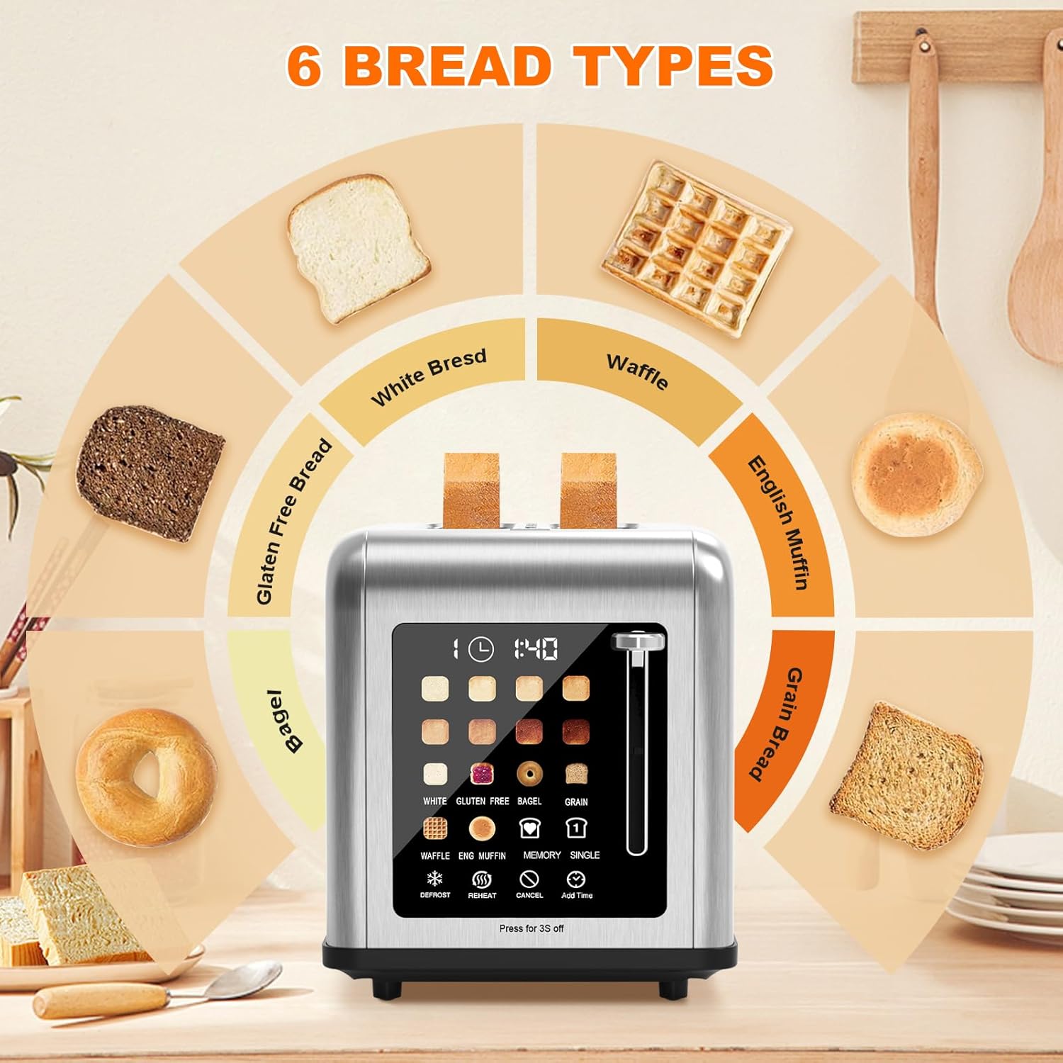 2 Slice Toaster Touch Screen, Stainless Steel Toasters Digital Timer 2 Slot Toasters, 8 Shade Settings 6 Bread Types for Bagel, Cancel, Defrost(Stainless Steel) - Image 4