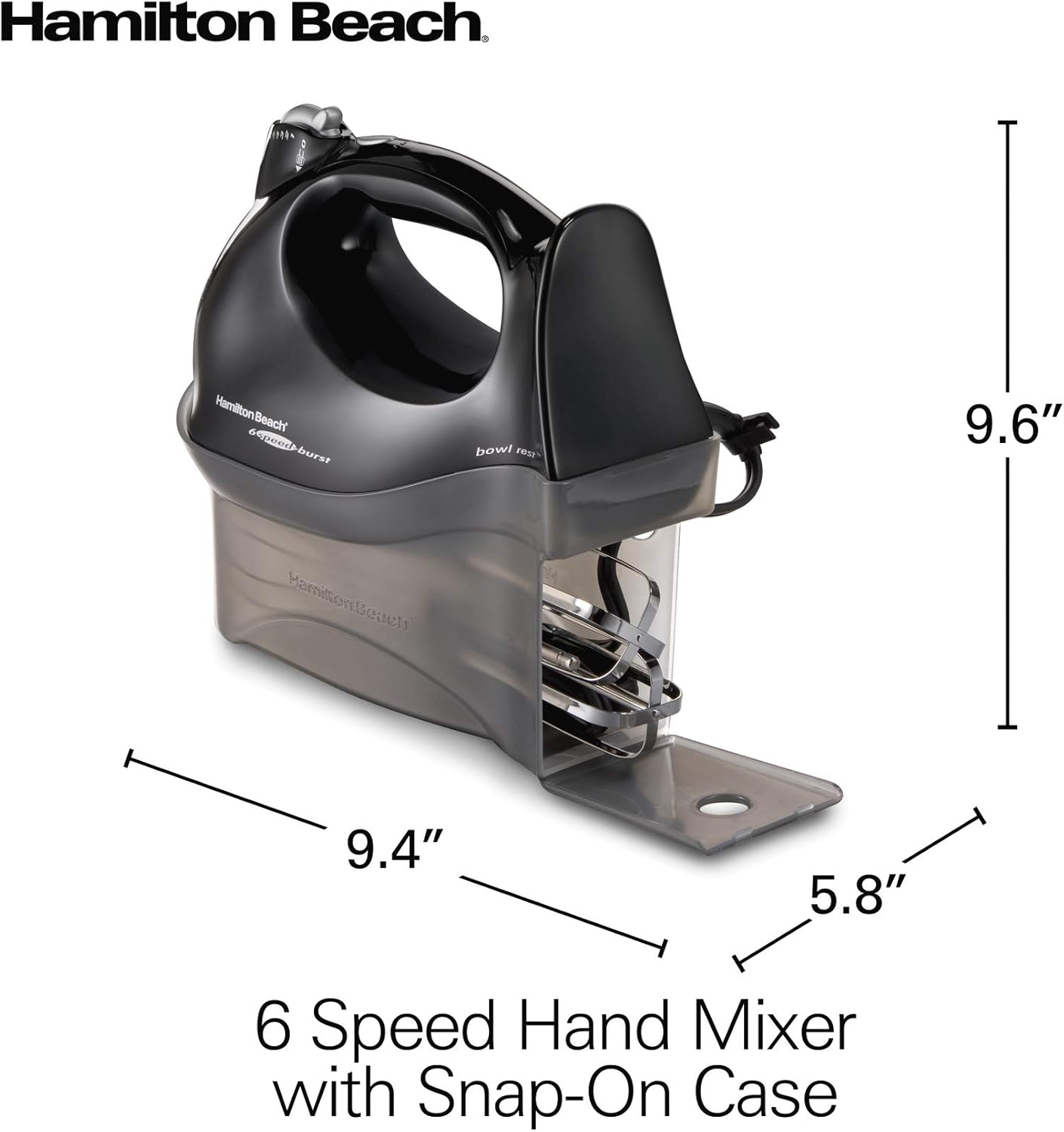 Hamilton Beach Power Deluxe 6-Speed Electric Hand Mixer with Snap-On Storage Case, QuickBurst, Beaters, Whisk, Powerful 250 Watt Motor, Bowl Rest, Black (62692) - Image 8