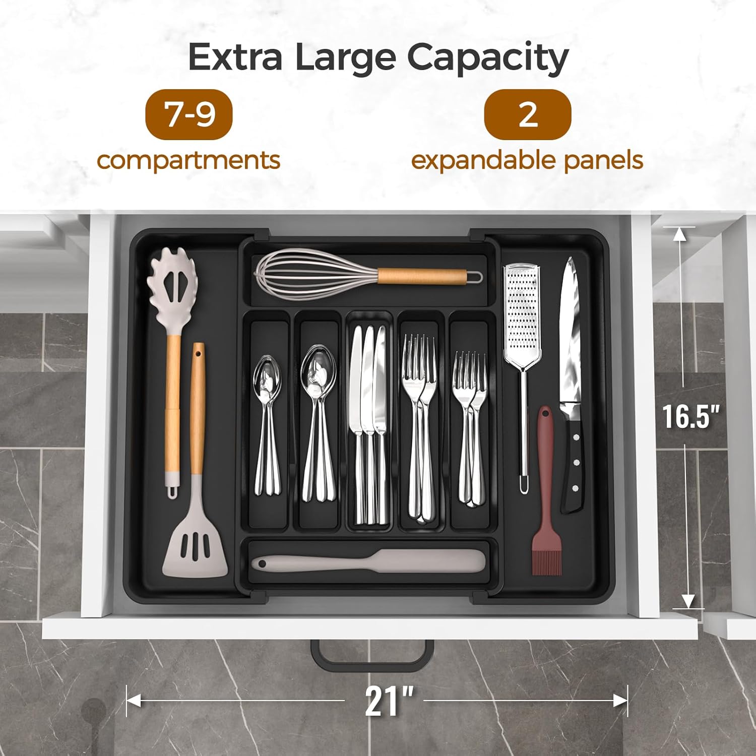 Extra Large Expandable Silverware Organizer, BPA-Free Food-Safe Cutlery Flatware Organizer, Kitchen Utensil Drawer Organizer, Adjustable Silverware Holder for Spoons Forks Knives, Black - Image 2