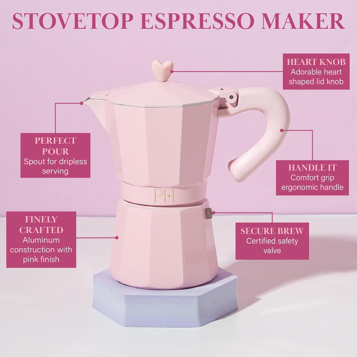 Paris Hilton Stovetop Espresso and Coffee Maker, Italian & Cuban Style Coffee Pot with Iconic Heart Knob, Perfect for Rich Aromatic Espresso, Makes up to 6 Espresso Cups, Pink - Image 5