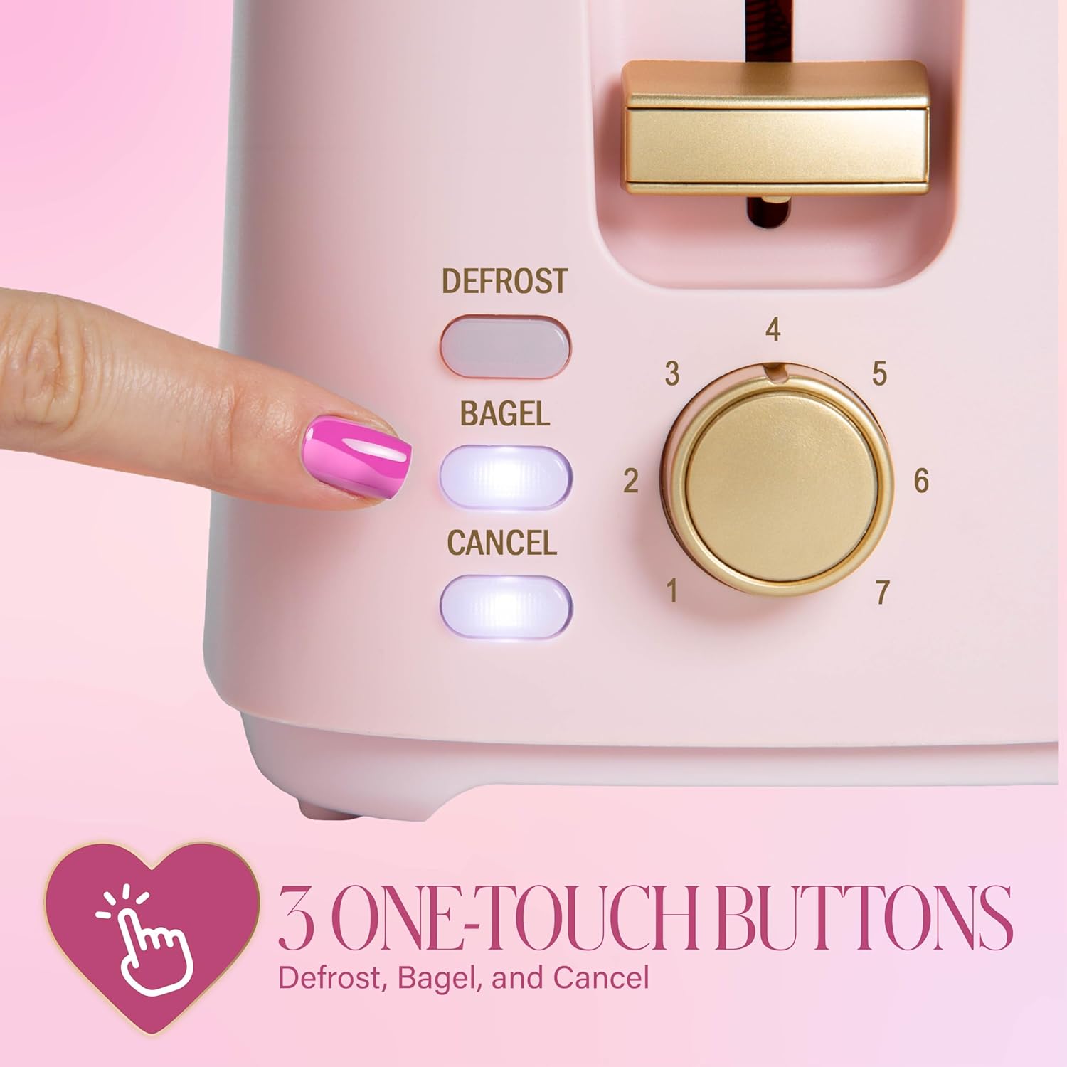 Paris Hilton 2-Slice Toaster, Extra-Wide Slots, 7 Browning Settings, Bagel & Defrost Functions, Removable Crumb Tray, Pink - Image 5