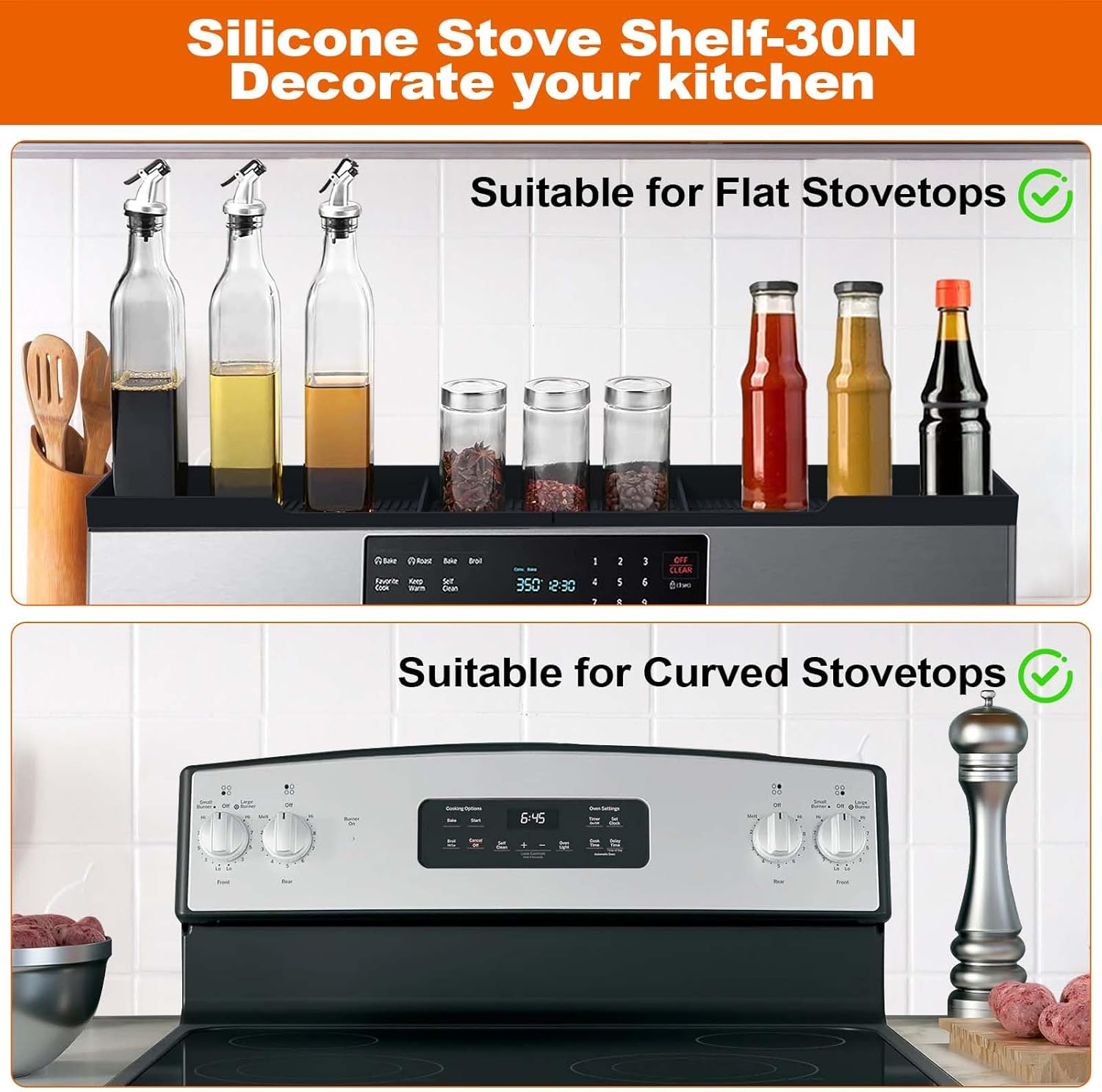 AWOKE Stove Top Shelf 30 Inch - Silicone Material Magnetic Shelf for Stove - 3 Functional Partitions Kitchen Spice Rack Organizer-Black,Kitchen Gadgets Storage Organization - Image 5