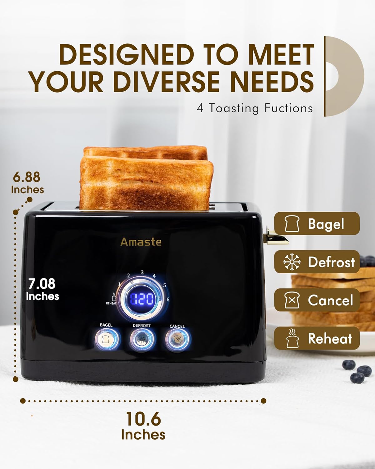 2 Slice Toaster, Retro Bread Toaster with LED Display, Extra Wide Slots Toasters with 6 Bread Shade Settings, Bagel, Cancel, Defrost Function, Stainless Steel with High Lift Lever, Removal Crumb Tray - Image 4