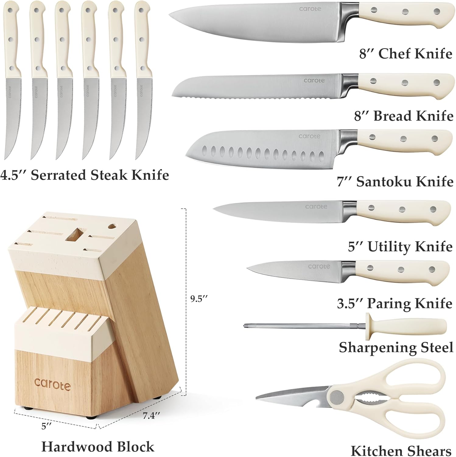 CAROTE 14 Pieces Knife Set with Block, Forged, High Carbon Stainless Steel Sharp Blade Block Knife Set, Dishwasher Safe Cutlery, Cream - Image 2