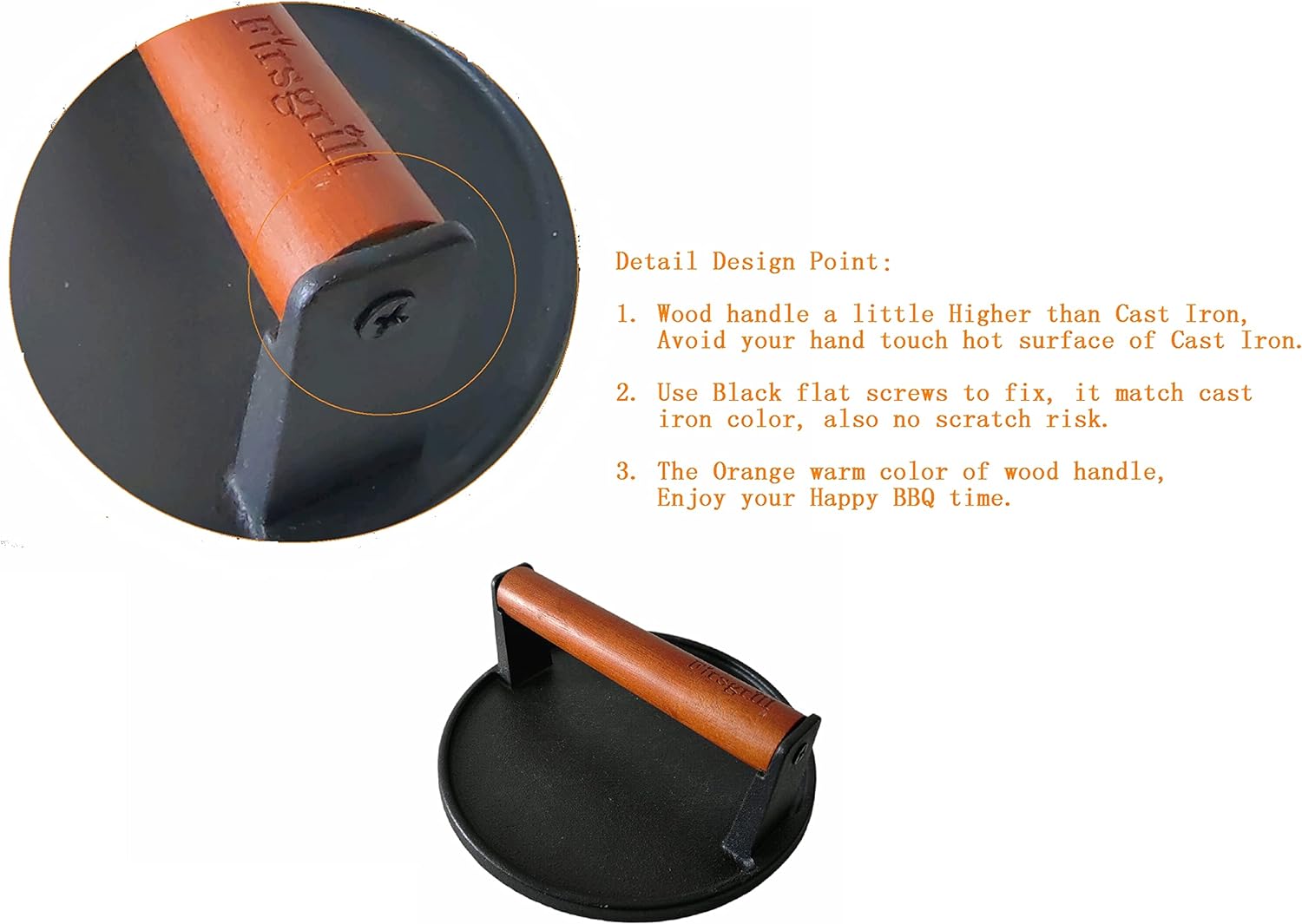 Firsgrill Burger Press 7.08" Round,Heavy-Duty Cast Iron Smash Burger Press Meat Steak With Wood Handle for Blackstone Camp chef Pitboss Weber Griddle Grills(Round) - Image 2