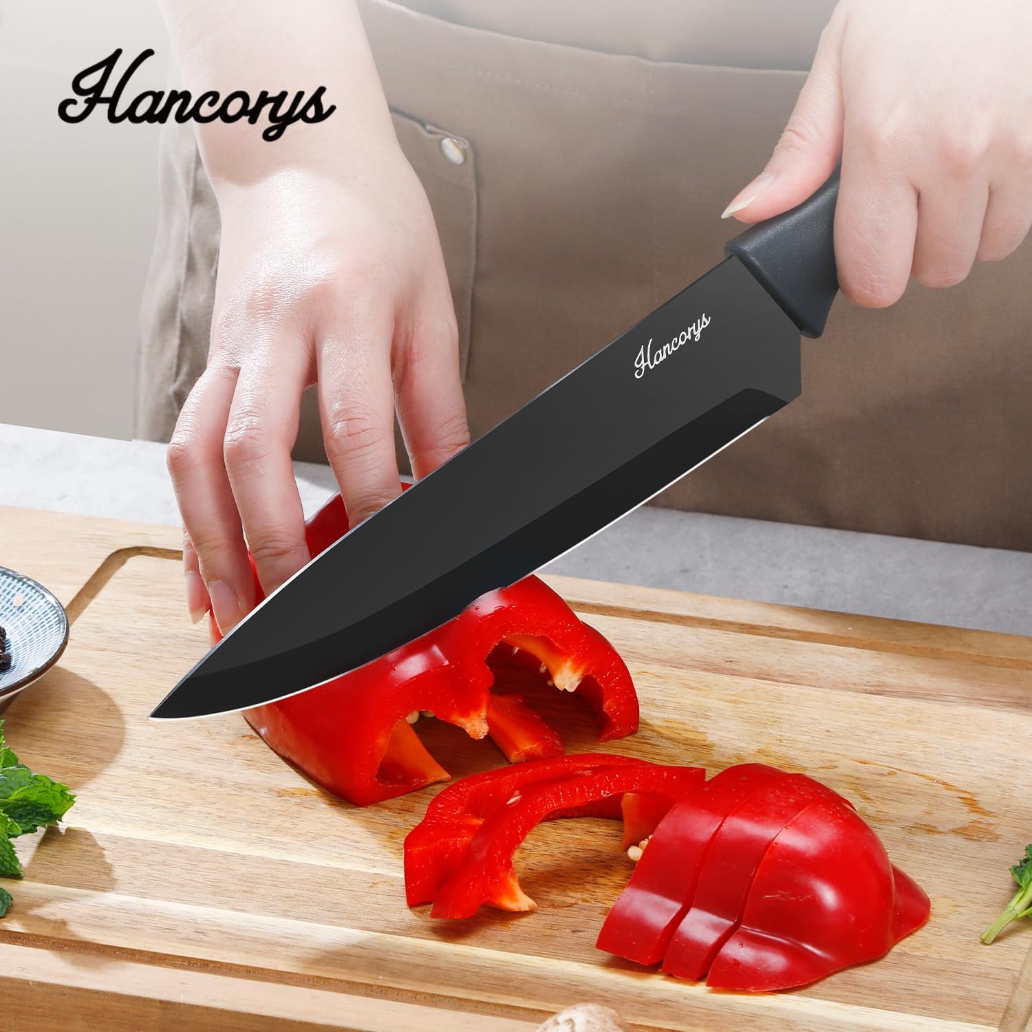 Knife Sets for Kitchen with Block, 15 Pieces Chef Knife Set with Self Sharpening, Stainless Steel Nonstick Ceramic Anti-Rust Coating Blades, Ergonomic Handle, Black Grey - Image 5