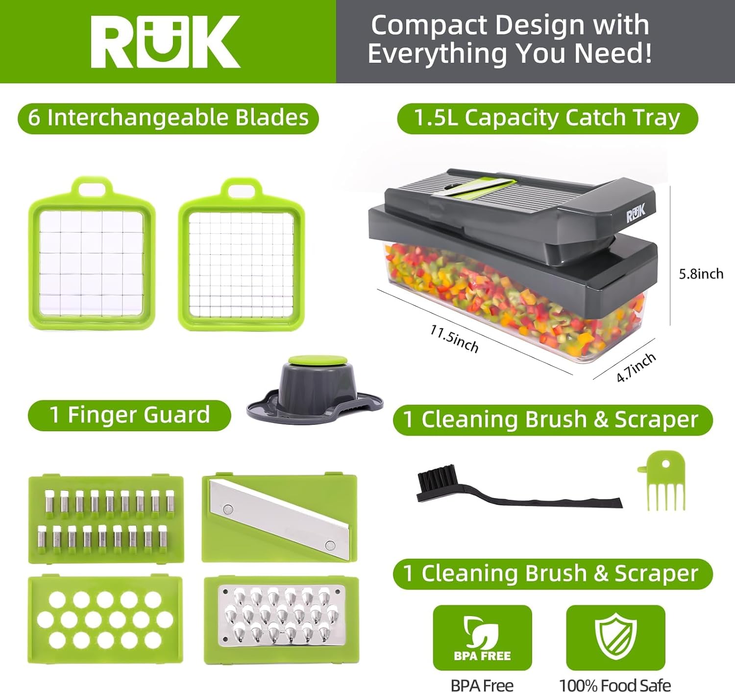 RüK 10-in-1 Vegetable Chopper – 6 Blade Veggie Chopper with Container, Food Dicer, Onion Cutter, Cheese Grater, Mandoline Slicer, Kitchen Gadgets & Home Essentials (Gray) - Image 2