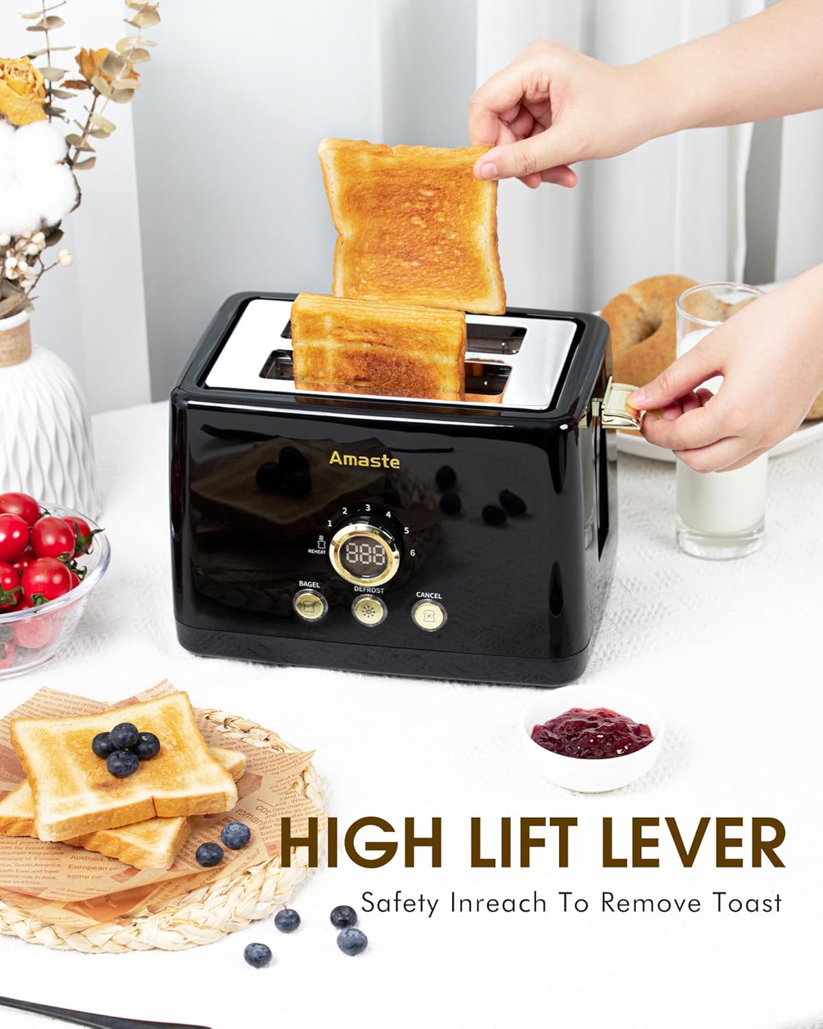 2 Slice Toaster, Retro Bread Toaster with LED Display, Extra Wide Slots Toasters with 6 Bread Shade Settings, Bagel, Cancel, Defrost Function, Stainless Steel with High Lift Lever, Removal Crumb Tray - Image 7