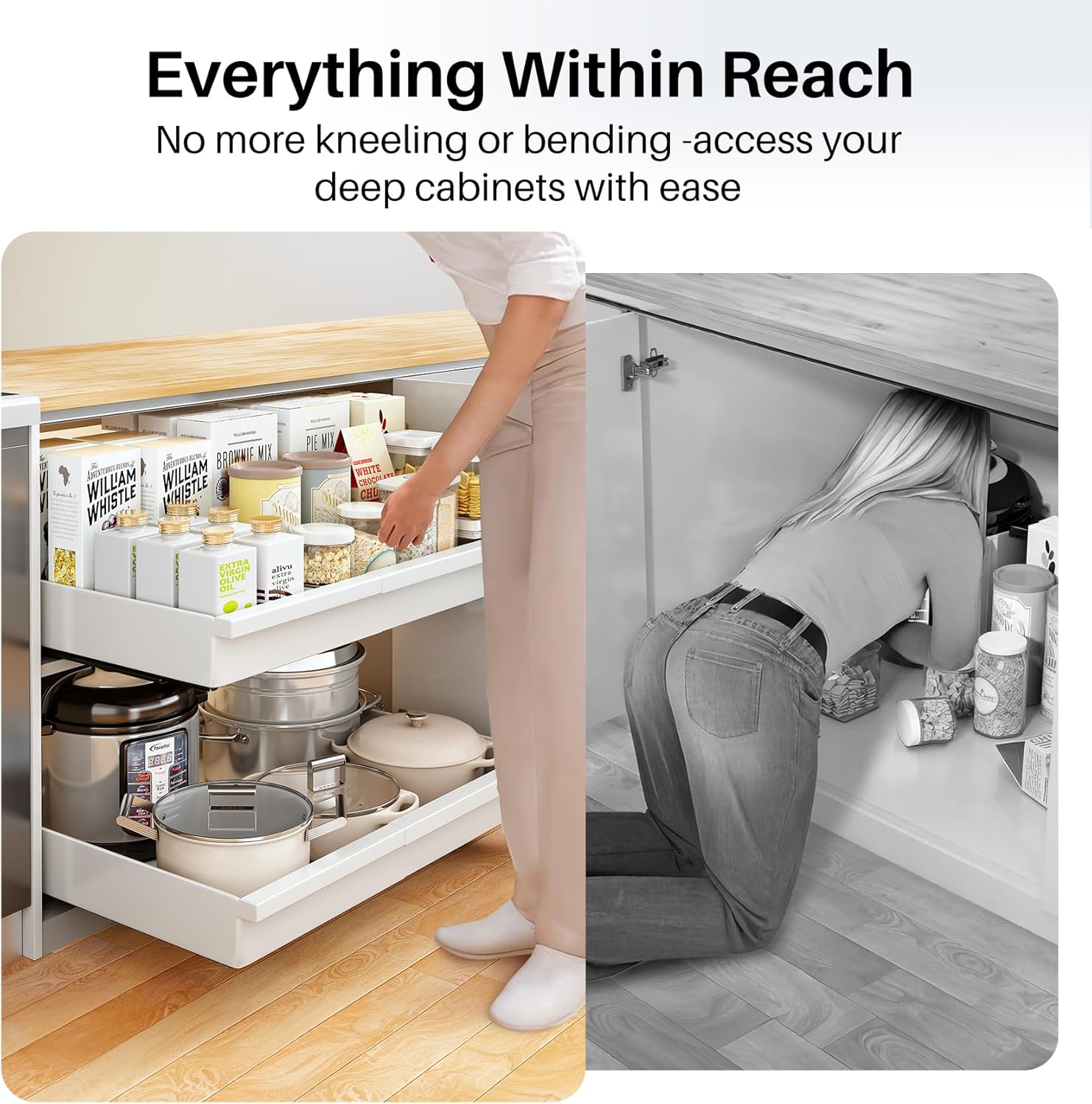 Pull out Cabinet Organizer, 2-Pack Expandable(13.6"-24") Silde out Drawers with Raising Pad for Framed Cabinets, Adjustable Full-Extension Adhesive Roll out Shelves for Kitchen Pantry Home Pot and Pan - Image 8