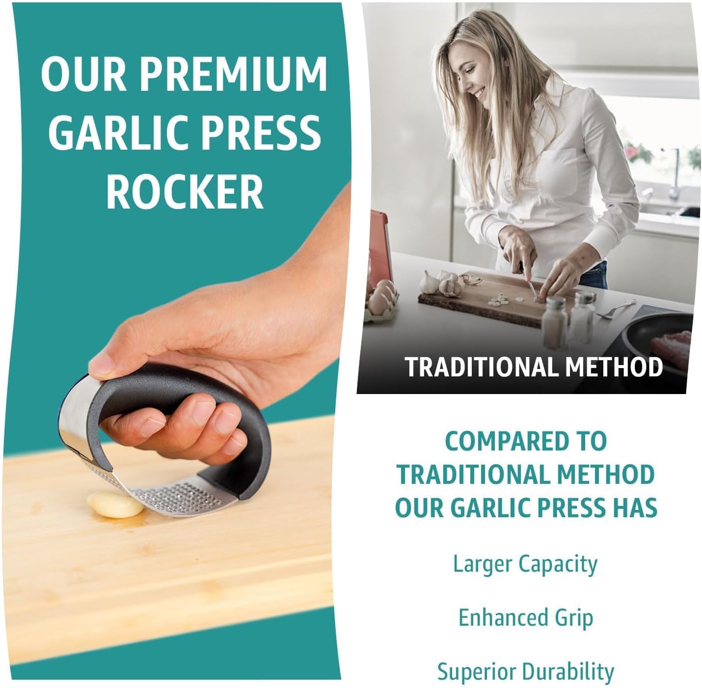 Garlic press rocker, crusher, mincer tool stainless steel with a Garlic Peeler, spatula, and Brush extract more Garlic Paste. The Garlic Mincer Tool Squeezes, Extracts, Crushes - Image 2