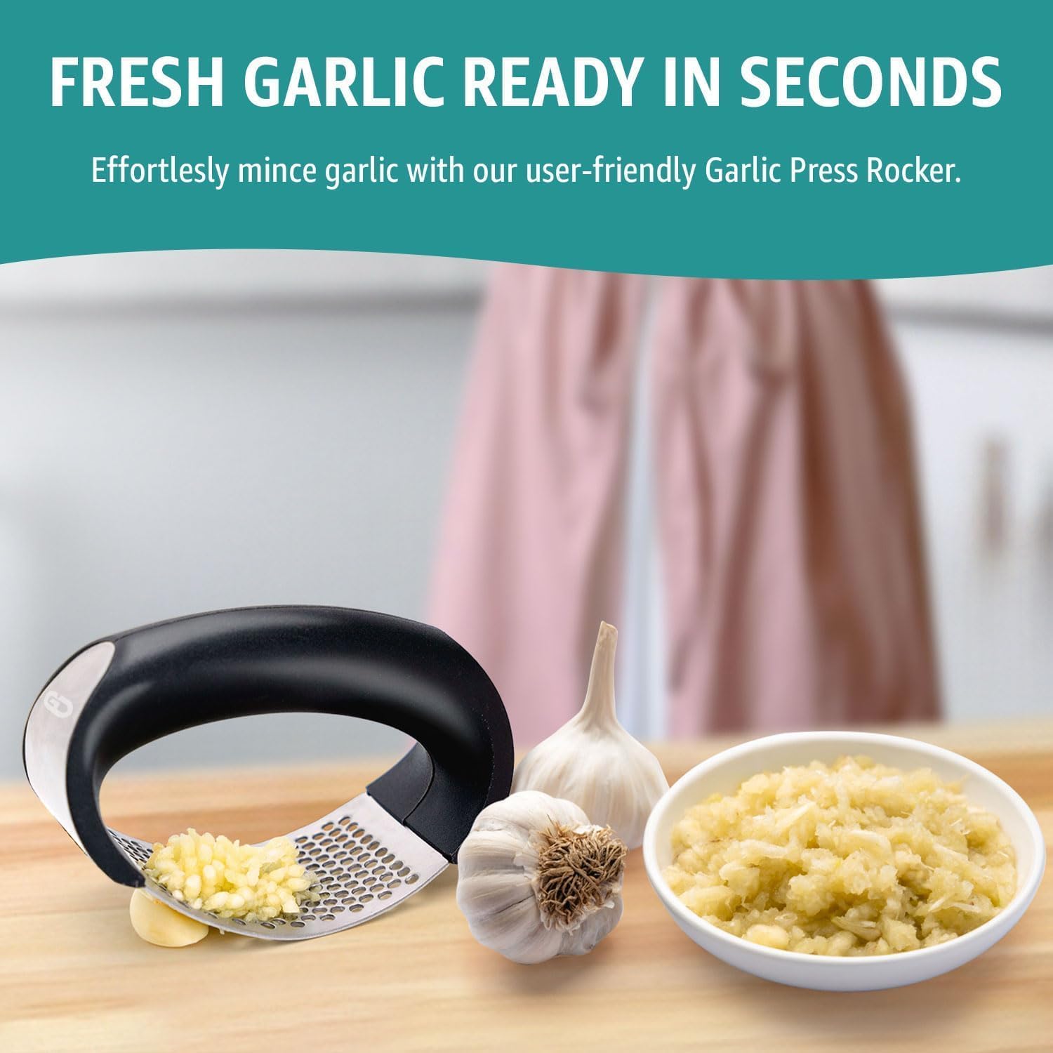 Garlic press rocker, crusher, mincer tool stainless steel with a Garlic Peeler, spatula, and Brush extract more Garlic Paste. The Garlic Mincer Tool Squeezes, Extracts, Crushes - Image 7