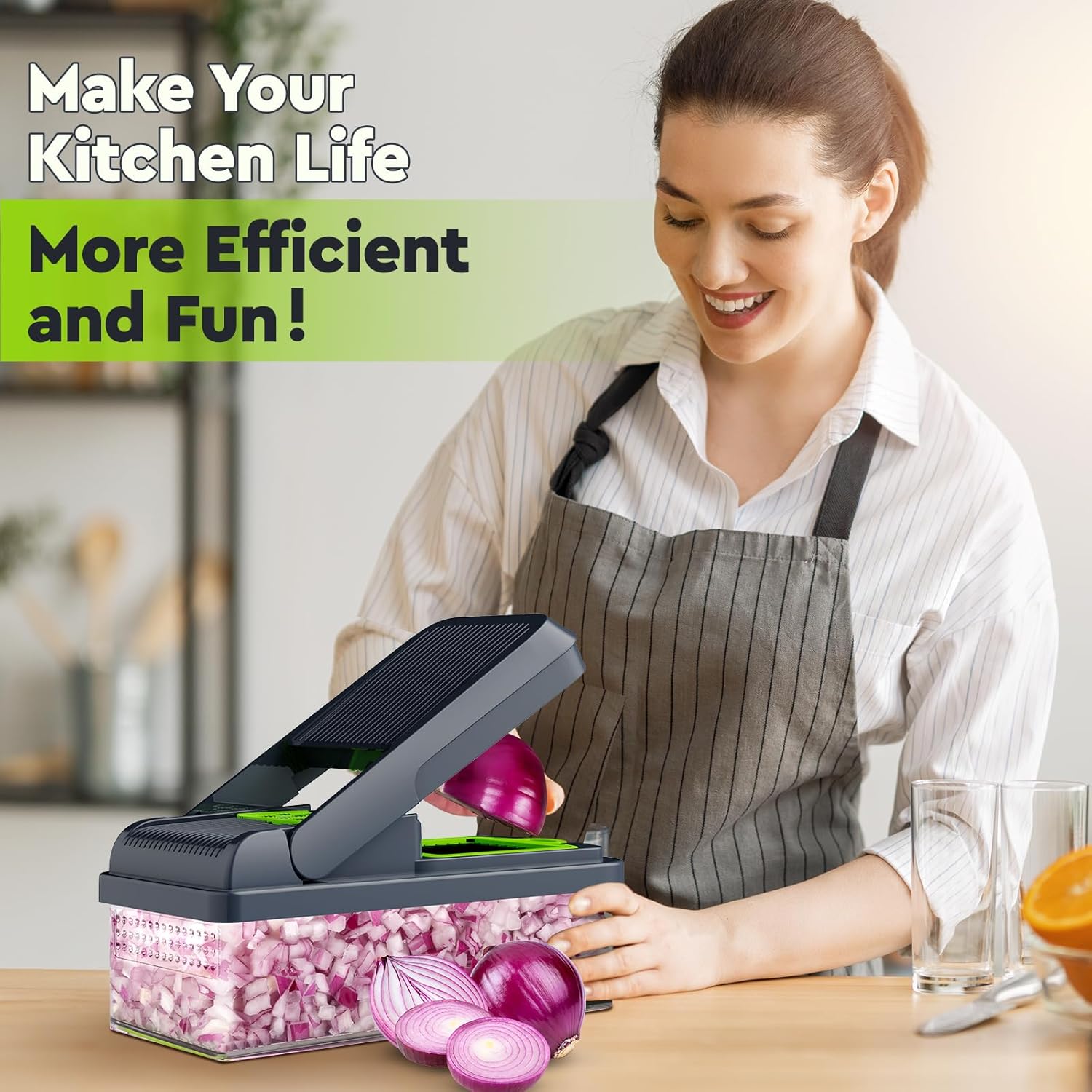 12-in-1 Vegetable Chopper, 7 Blade Veggie Chopper, Practical Food Chopper with Container, Cheese Grater, Home Essentials & Kitchen Gadgets(Green/Grey) - Image 7