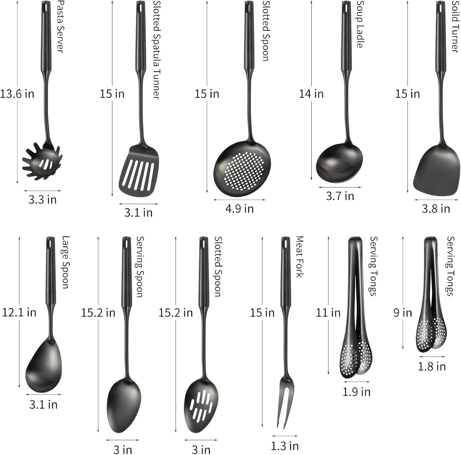 304 Stainlss Steel Matte Kitchen Utensils Set, 11 Pcs Long Metal Cooking Utensil Gadgets Tools Set with Spatula, Ladle, Spoon, Ladle, Skimmer, Tunner, Pasta Server, Tongs(Black, Dishwasher Safe) - Image 6