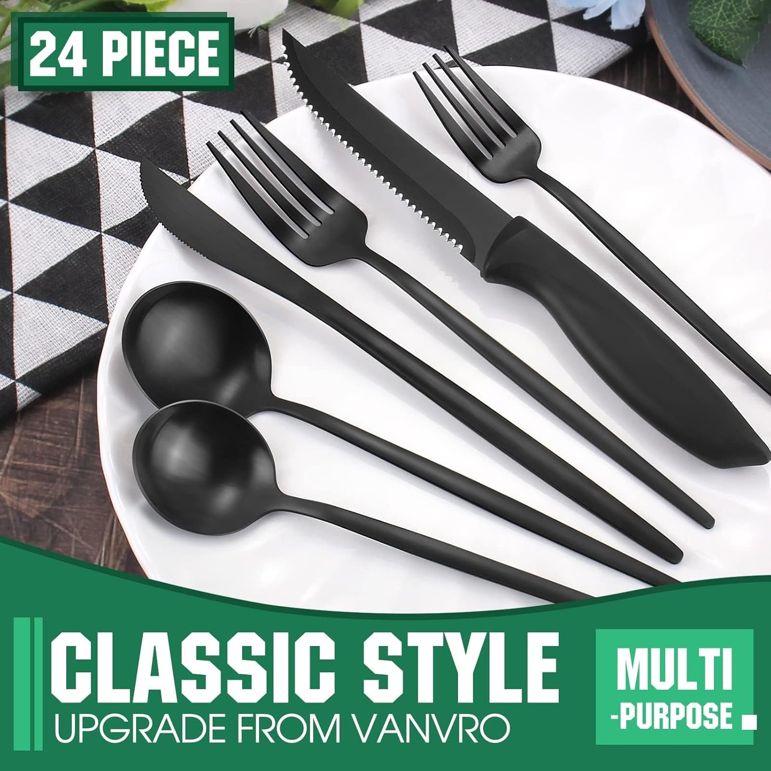 24 Pieces Matte Black Silverware Set with Steak Knives,Satin Finish tableware Cutlery Set for Home and Restaurant,Matte Knife Spoon and Fork Sets Service for 4,Dishwasher Safe - Image 4