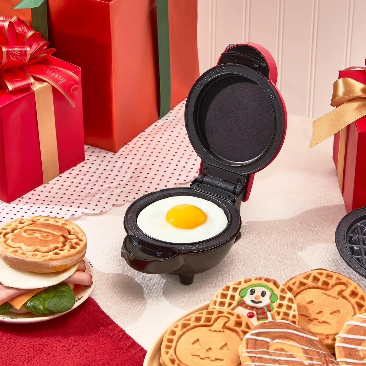 DASH Multimaker with 7 Removable Plates: Waffle Iron & Griddle + 3 Themed Plates - Santa Pumpkin Snowman - Mini Waffle for Halloween and Christmas Holidays - for Kids and Families (Red) - Image 4