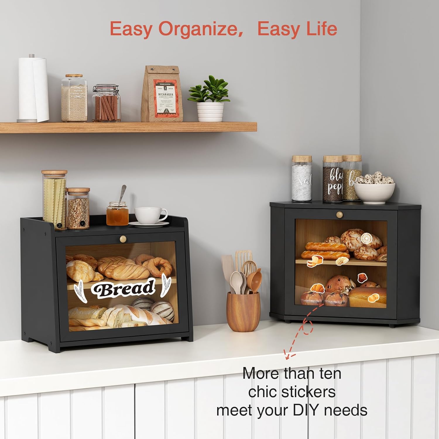 Corner Bread Box for Kitchen Countertop, Black Bread Storage Container for Homemade Bread, Two Layer Breadbox under Cabinet Mount, Large Bread Holder for Kitchen Counter, Pantry Shelf - Image 4