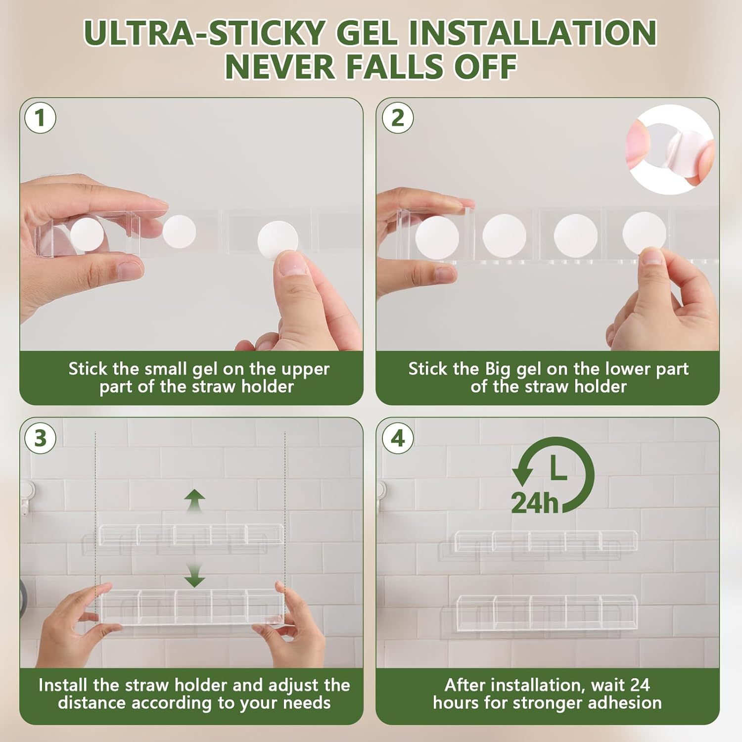 9.5” Large Acrylic Straw Holder for Cabinet Door - Reusable Tumbler Straw Organizer Storage, Small Kitchen Accessories Container, Ultra Sticky Cupboard Door Mounted (Transparent) - Image 4