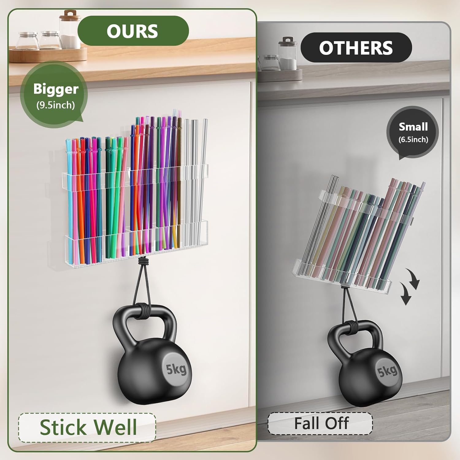 9.5” Large Acrylic Straw Holder for Cabinet Door - Reusable Tumbler Straw Organizer Storage, Small Kitchen Accessories Container, Ultra Sticky Cupboard Door Mounted (Transparent) - Image 3
